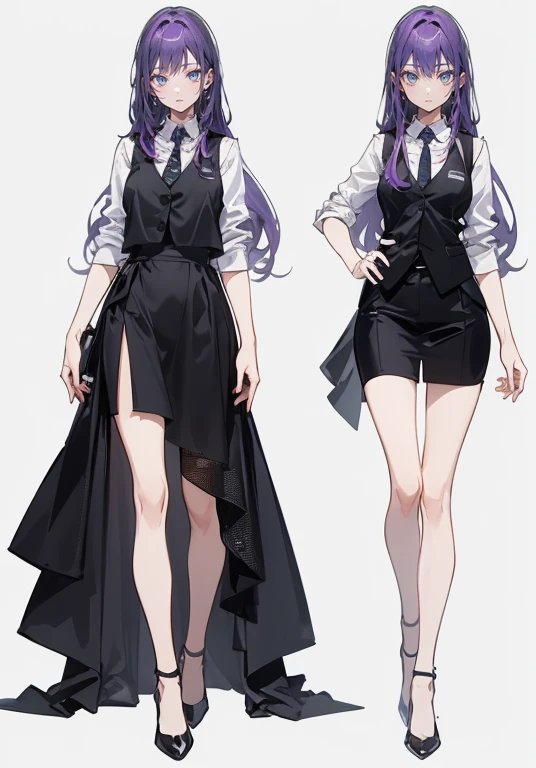 ((Perfect Face)),((smile)),Purple Hair,voluminous long hair,1 female,bartender,suit,Black vest,Shirt with rolled up sleeves,tie,slit,High heels,,((Simple Background)),smile,((whole body)),((whole body)),Portraiture,virtual,upright,,Both arms are down,Standing upright with face and body facing forward,