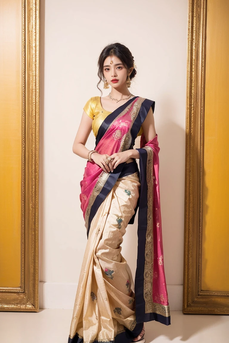 a woman in a colorful sari standing against a white background, with colourful intricate, neon yellow madhubani, neon madhubani, vibrant feel, dressed in colorful silk, colourful, bold and colourful, yummy, trending ，, vibrant and dynamic, sari, full length view, beautifully, multi colour, vibrant setting, vibrant and powerful, beautiful, very beautiful enga style, beautiful look. Yellow, onion pink, magenta and teal printed silk black embroidery. Comes with matching unstitched blouse piece attached at the end of saree. Blouse shown in the photo is a styling suggestion, it is not a part of the actual product.