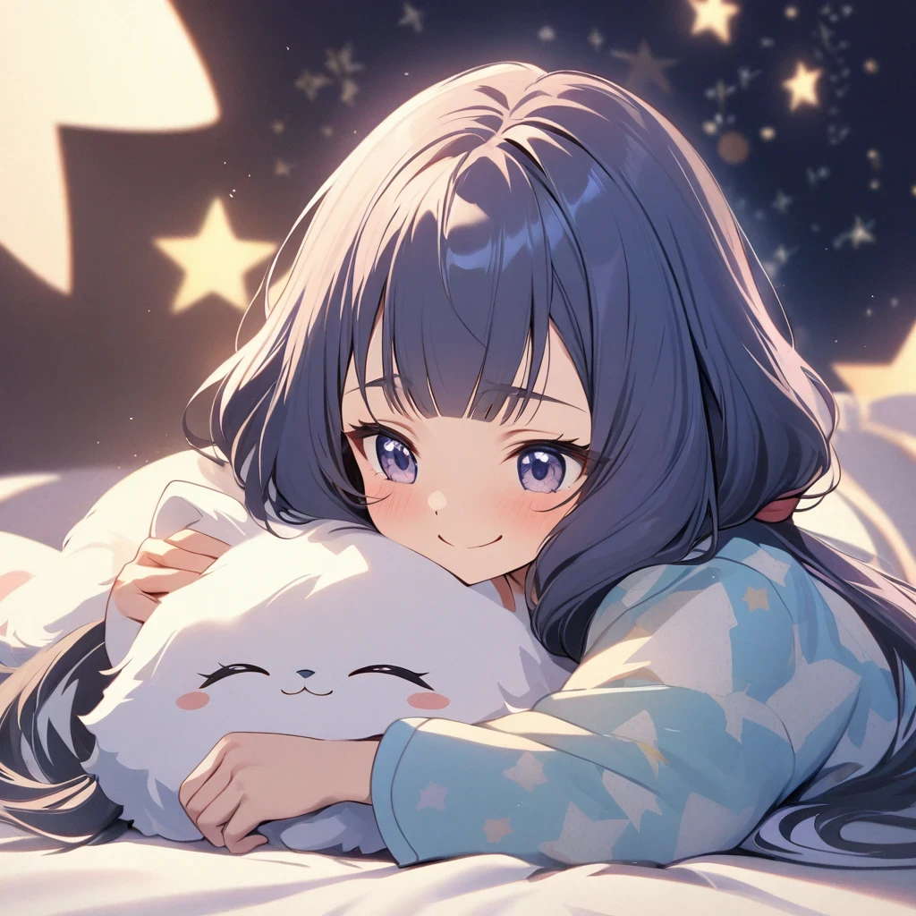 (shylily/(Twich/):1.5),(masterpiece:1.2),(best quality:1.2),, (1girl:1.3),girl,((fluffy hair)),((Her hair is half tied up around her temporal lobe.)),((cute pajamas:1.3)),(The fluffy feel of the bed:1.5),((Star background:1.4)),(cute smile:1.3),((Animals around:1.2)),((close up of face:1.2))