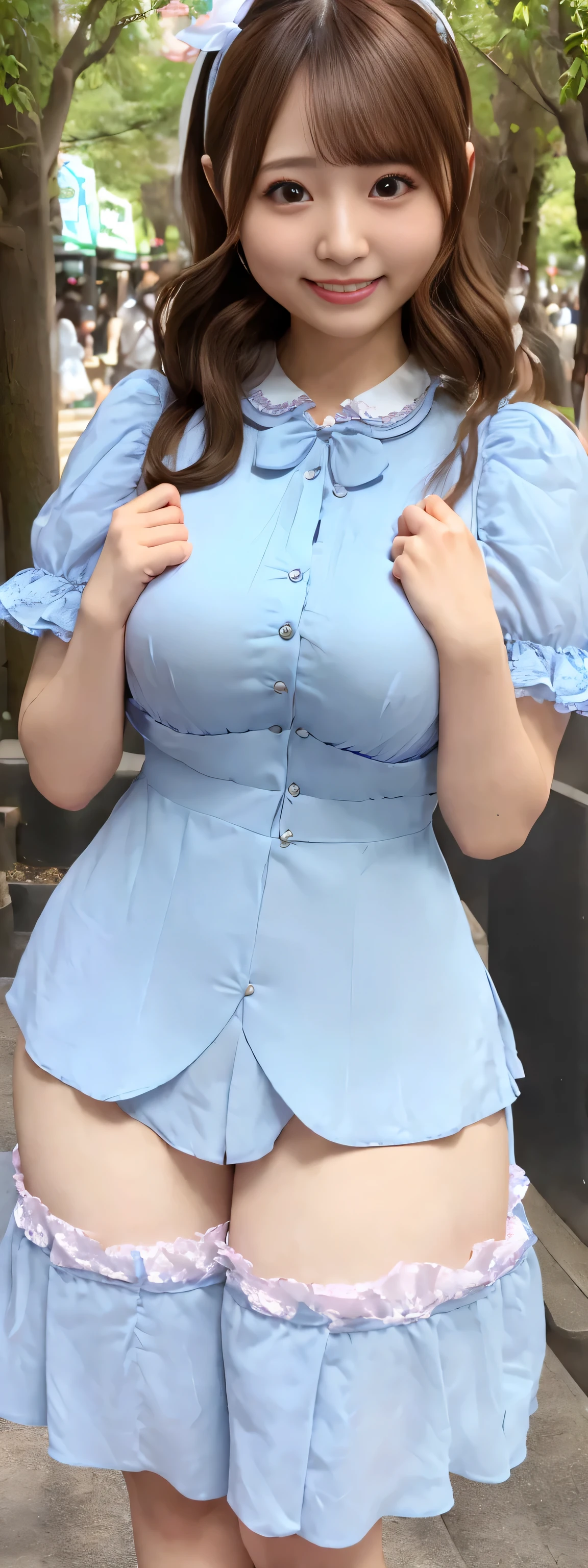 (Realistic:1.3), finely, quality, Rembrandt Lighting, (Tabletop:1.2), (Realistic:1.2), (highest quality), (Fine skin:1.3), (ComplexDetails), dramatic, Ray Tracing, 1 girl, Japanese Girls, 42 years old、Big eyes、((deep double eyelids:1.25)), cute duck mouth, smile, Twin tail hair, Twin Loop Hair, parted bangs, 42 years old, Very large and ample breasts, jirai fashion, Gothic ta fashion with a light blue theme、Short dress, Frills, Race, ribbon, Complex, (Tokyo Street, Harajuku, May, sunny day), Browsing Caution, (height: 148cm), ((((Very accurate and correct anatomy)))), 