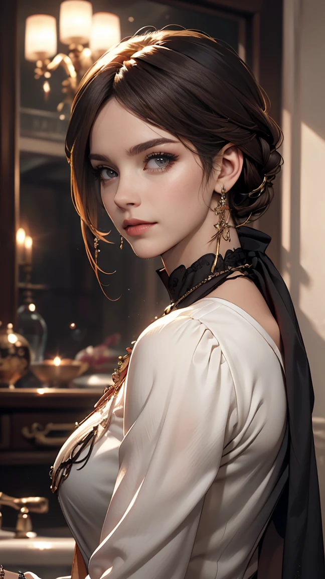 ((rosto realista, fascinante, maduro, olhos brancos)), (top cinza, roupa interior preta, roupas curtas), (cabelo preto comprido), (20 anos), (1 garota), (estilo 4k))