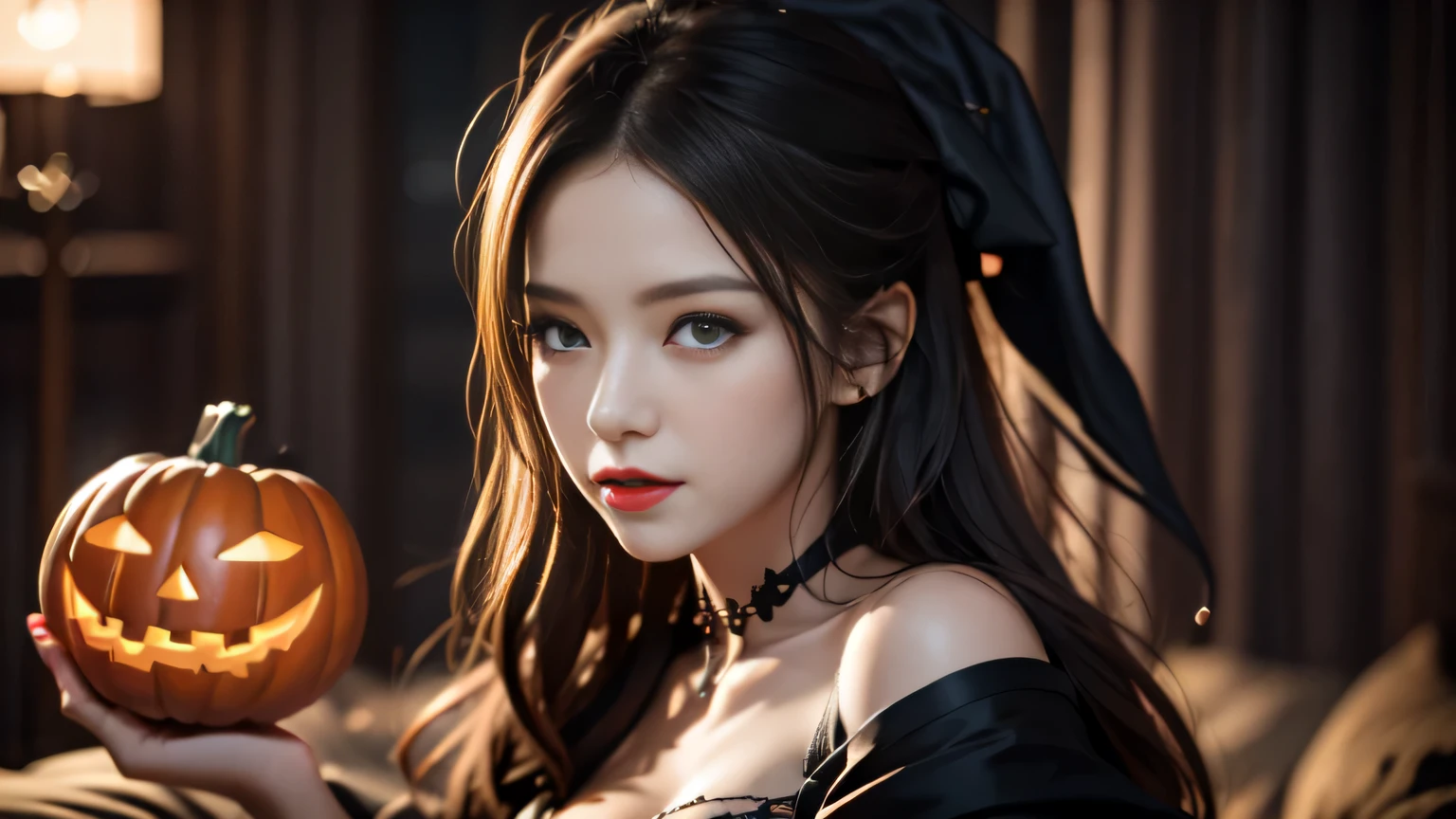 Black hair, Hair shaking, victory, Long eyelashes, Solid round eye, A faint smile, ears red, direction, Surrealism, shadow, Relief, Stereogram, Standing picture, View, Atmospheric perspective, 8k, Super Detail, precise, best quality,Full body portrait,black boots,Black。Female magician。Ms. Alafia, wearing a black dress, stands in front of a row of carved pumpkins, halloween atmosphere, halloween night, in a halloween style, halloween theme, halloween art style, halloween, Terrible but charming, Beautiful witch spooky woman, Beautiful witch, halloween celebration, spooky halloween night, trick or treat, halloween scene, Beautiful witch,