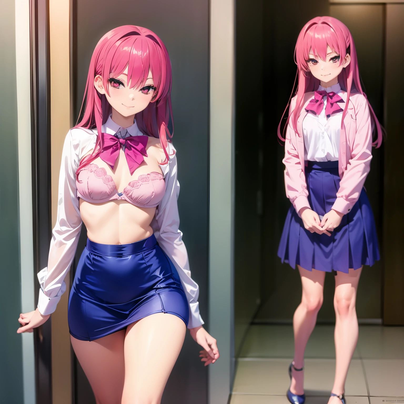 masterpiece, highest quality, Very detailed, Best illustrations, One girl is skinny, whole body, alone, release, Long Hair, Redhead, Pink Hair, Pink Eyes, Red eyes, View your viewers, smile, gentlemen、I lost, Unbuttoned shirt、Blue bra, Small breasts, Long sleeve, Blue Skirt, ,Pleated skirt, Thin and tall, Long, slender legs, Unbuttoned shirt、Blue bra,