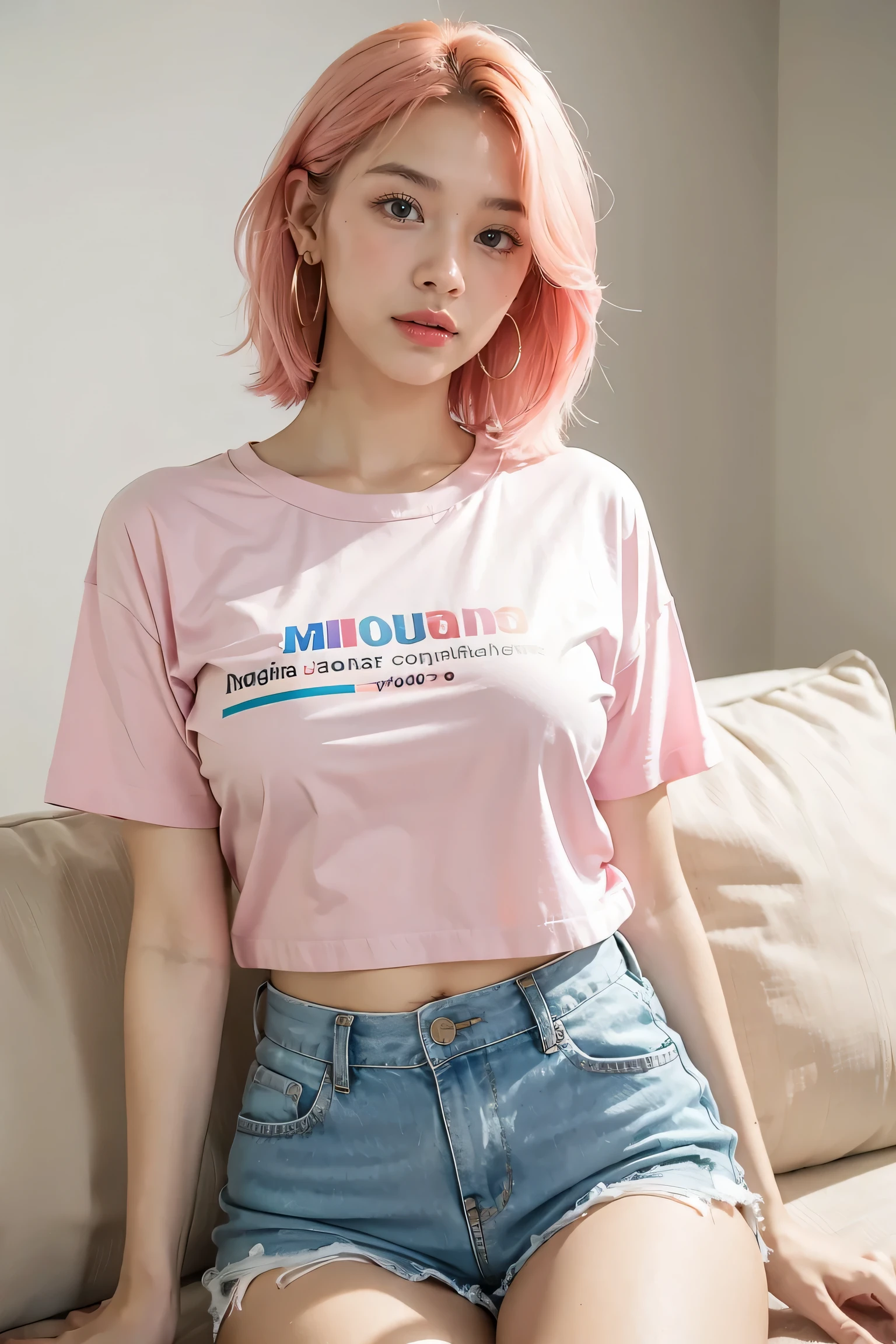 (best quality,4k,8k,highres,masterpiece:1.2),ultra-detailed,(realistic,photorealistic,photo-realistic:1.37), African-American, light complexion female with short straight pink hair,confidently posing on a couch,fitted T-shirt,daisy duke shorts,beautiful detailed eyes,beautiful detailed lips,pink hair flowing down her back,stylish makeup with vibrant colors,gold hoop earrings,comfortable and relaxed posture,casual yet fashionable outfit,modern and trendy background,soft and natural lighting,professional photoshoot style,stylish and vibrant color palette,artistic portrait style