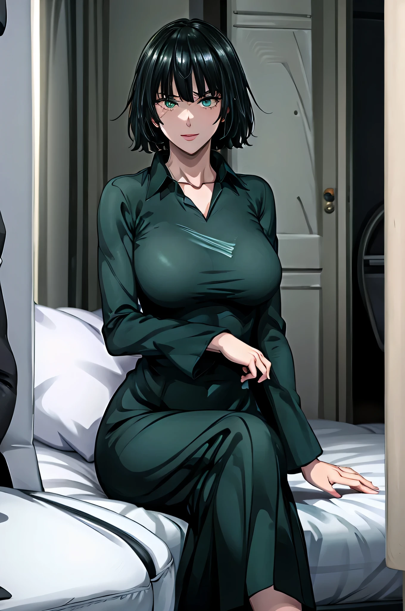 one girl fubuki sitting on a bed legs crossed with big thick thigh looking at the viewer smiling