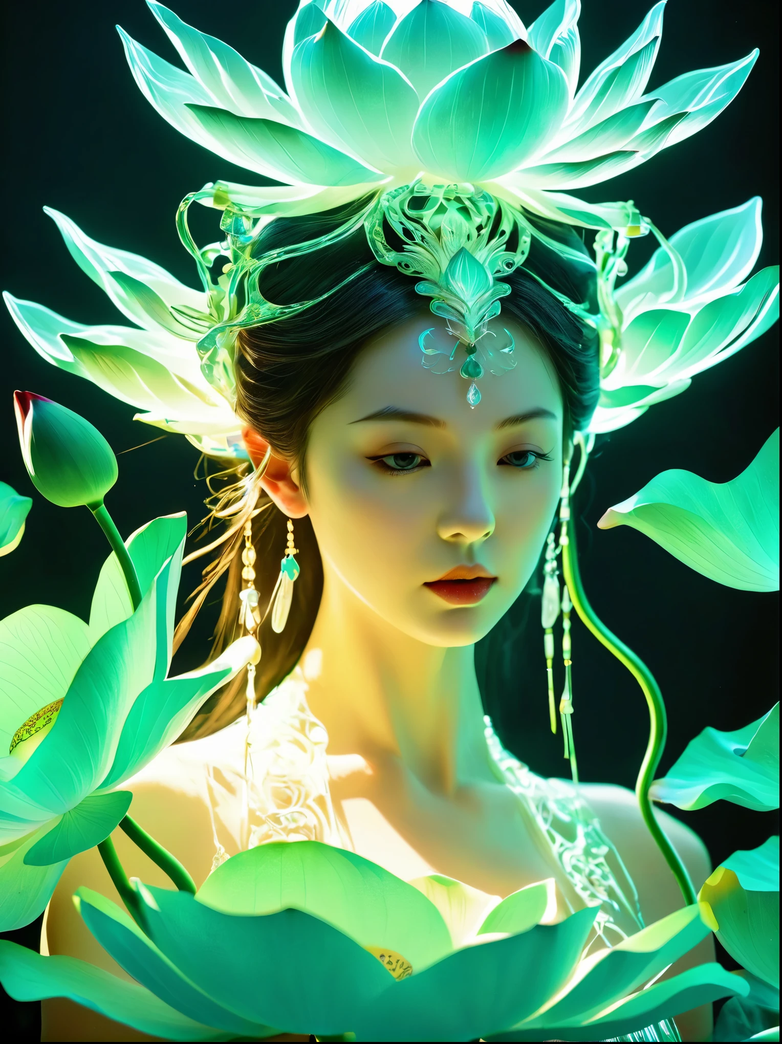 (1girl:1.3), (lotus)，exit，Lady Hell，Anatomically correct，fantasy，Anatomically correct，Sunlight, reverberation, Experimental photography, Surreal contrasts, Eye-Catching Visuals, Artistic abstraction, Break the art of cutting, Layered Outlines, complex pattern, exquisite craft, shadow play, Depth and size, creative expression, break art, Frozen sculpture, translucent形式, short-lived beauty, Crystal structure, exquisite craft, touching, break green eye,body glow，glowing lines，Fluorescence,Glow Example，Tracking example，flash，Fluorescence粒子，Backlight，translucent，Light particle blur，Movie lighting effects，Fractal background