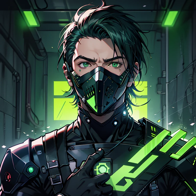 ultra detalhe, high resolution, ultra detalhado, melhor qualidade, Awesome, qualidade superior, extremamente detalhado CG unidade de papel de parede 8k, cinematic green lighthing, cyberpunk, dark boy, anime gang face mask, roupa azul, green neon logo wow