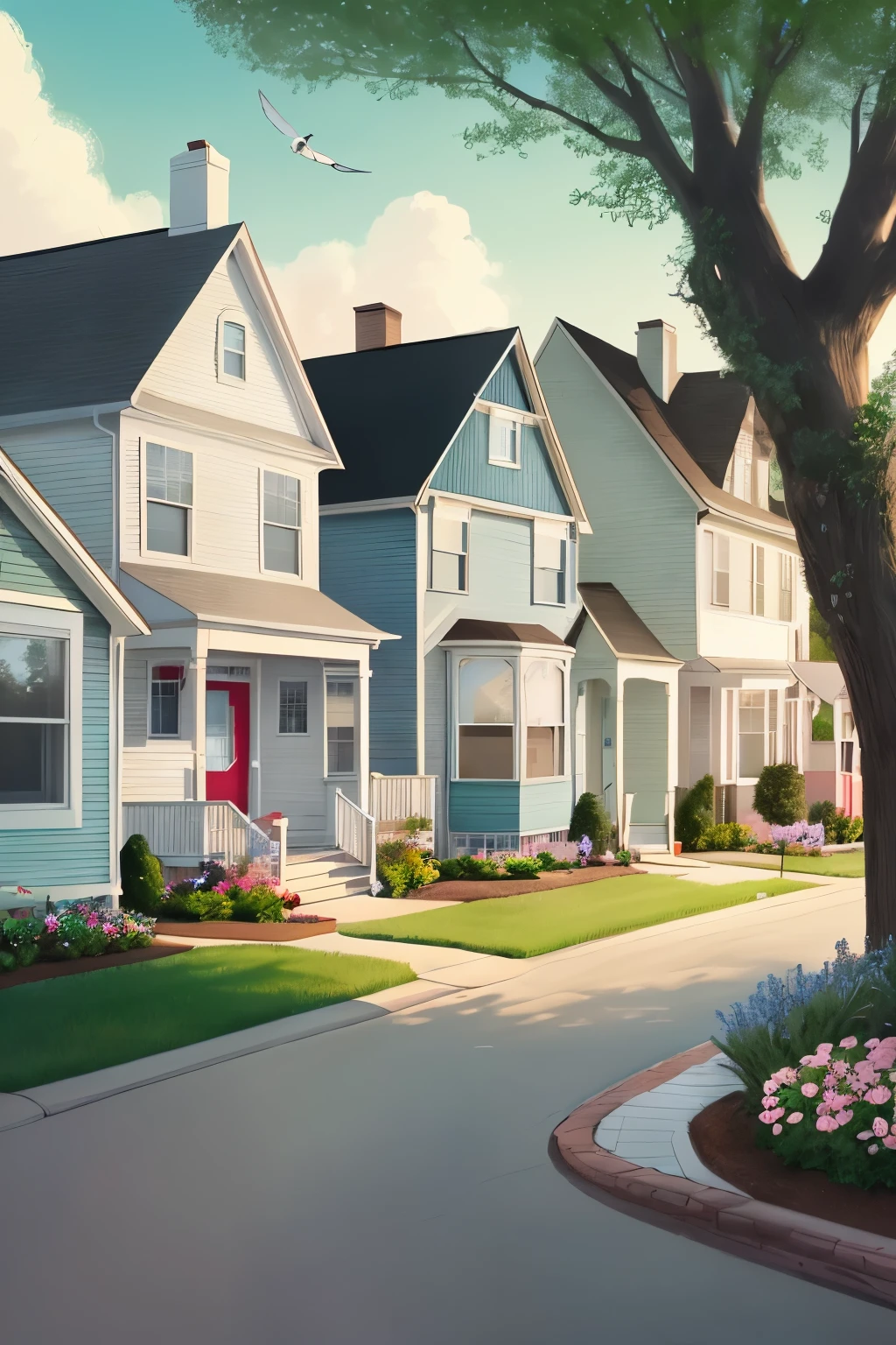 In a quaint suburban neighborhood, pastel-colored houses with white picket fences line the streets. The air is filled with the scent of freshly baked cookies, and children can be heard laughing and playing in the background. The scene is reminiscent of a Disney movie, with colorful flowers blooming in well-tended gardens, and birds singing in the trees. Every detail exudes a sense of charm and happiness, making it the perfect place to call home.
