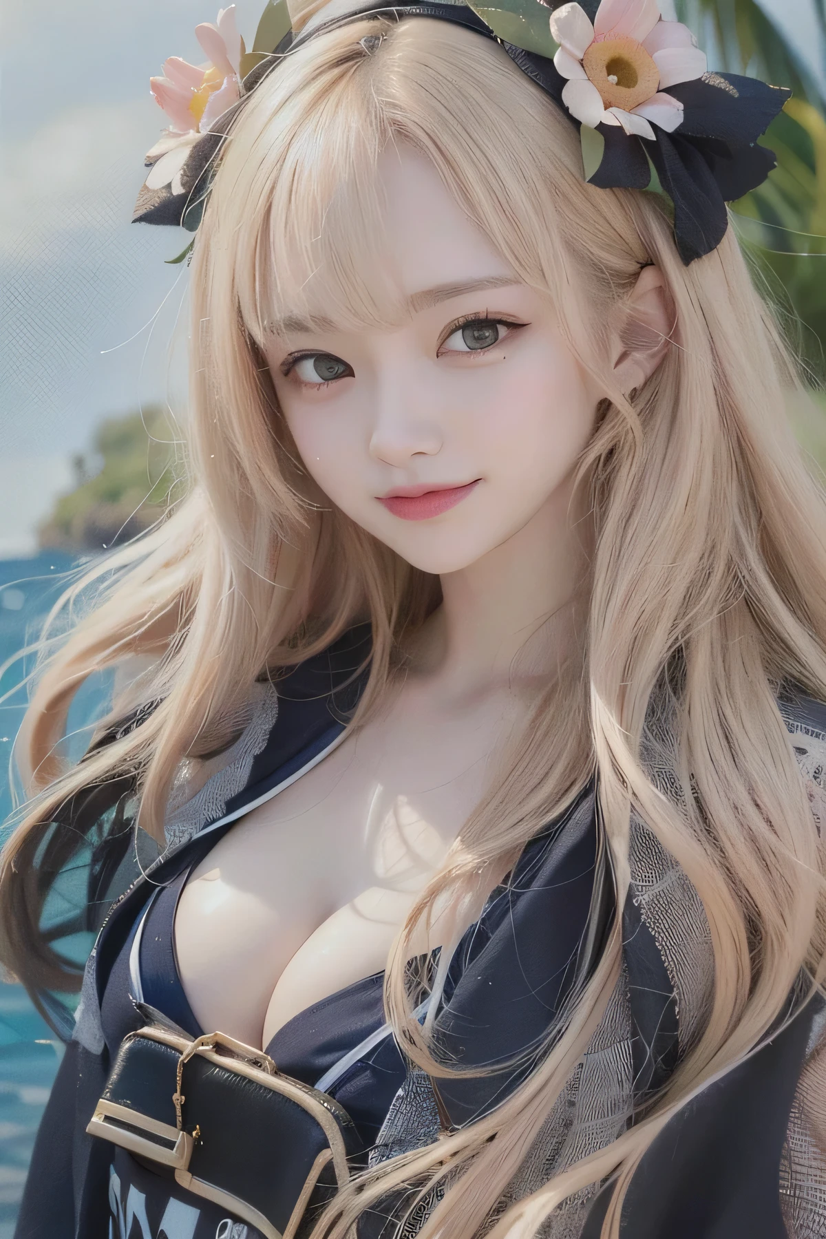 1girl, blonde hair, messy hair, curly hair, floating hair, flower on head, light smile, grin, halftone, first-person view, f/1.8, 135mm, UHD, retina, masterpiece, ccurate, anatomically correct, textured skin, (super detail), (high details), (high quality), award winning, award winning, (best quality),( highres), (1080P), (HD), (4K),(8k),(16k),bikini, swimsuit, sea, beach, summer,Big breasts, chest emphasized, (whole body shown)