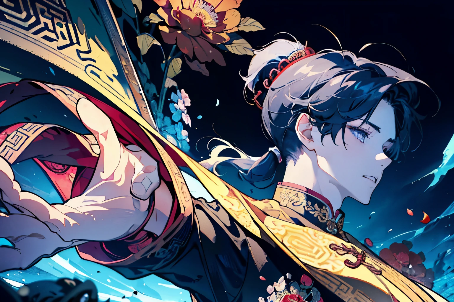 ((A boy about 16 years old)),(Ancient Chinese style war god costume),(ponytail:1.5),((Fantasy)),(Bright atmosphere background),((In combat)),(battlefield),(sword:1.3),((Active Movement)),(A lot of large flowers are overflowing),(Angle from below)