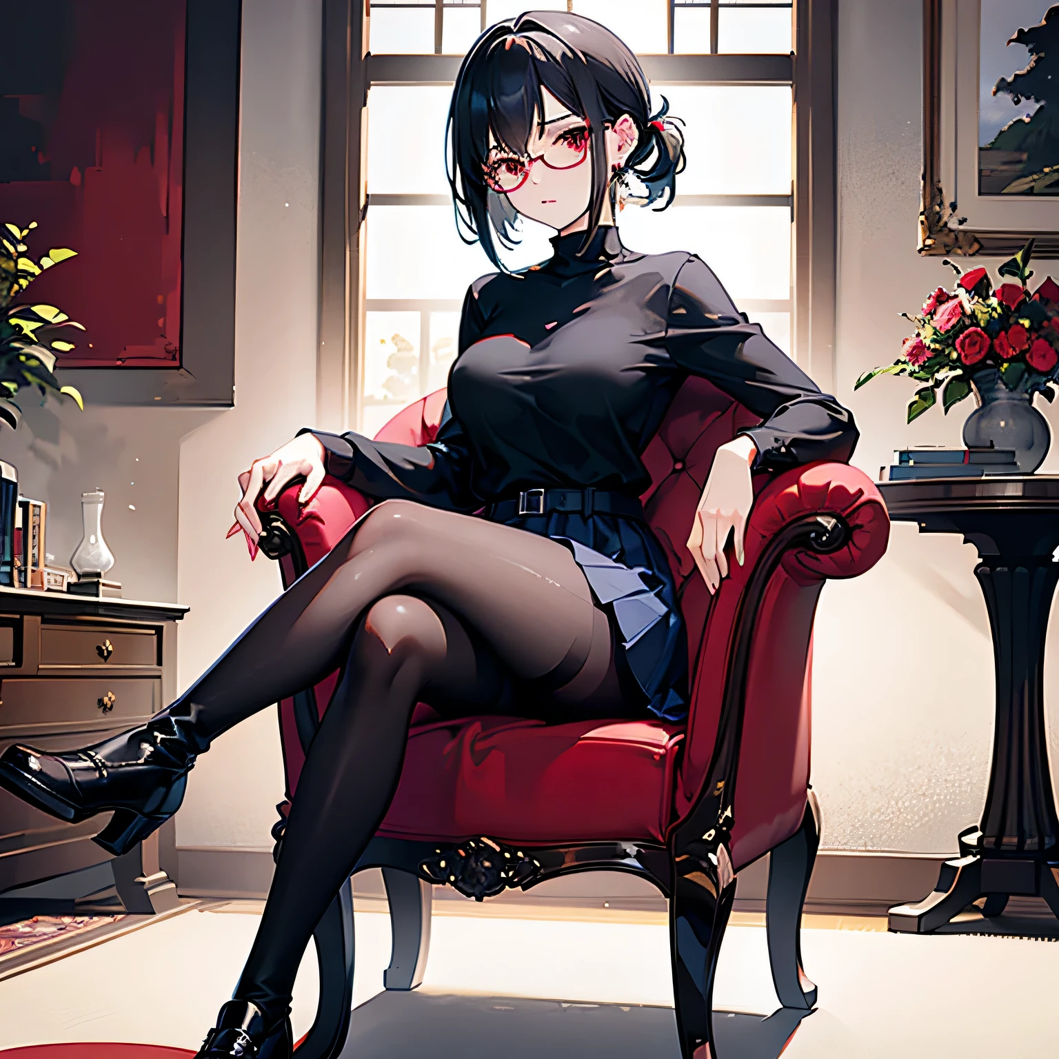 ((best quality)), ((masterpiece)), ((high resolution)), ((ultra-detailed)), ((best illustration)), (detailed), perfect face, perfect hand, mature, age thirties, one woman, anime, short hair, ponytail, red eyes, black hair, glasses, blue earrings, red short sleeve turtleneck, medium skirt, black skirt, black pantyhose, short boot, black boot, sit on luxury chair, crossed legs, luxurious room background, displeased expression