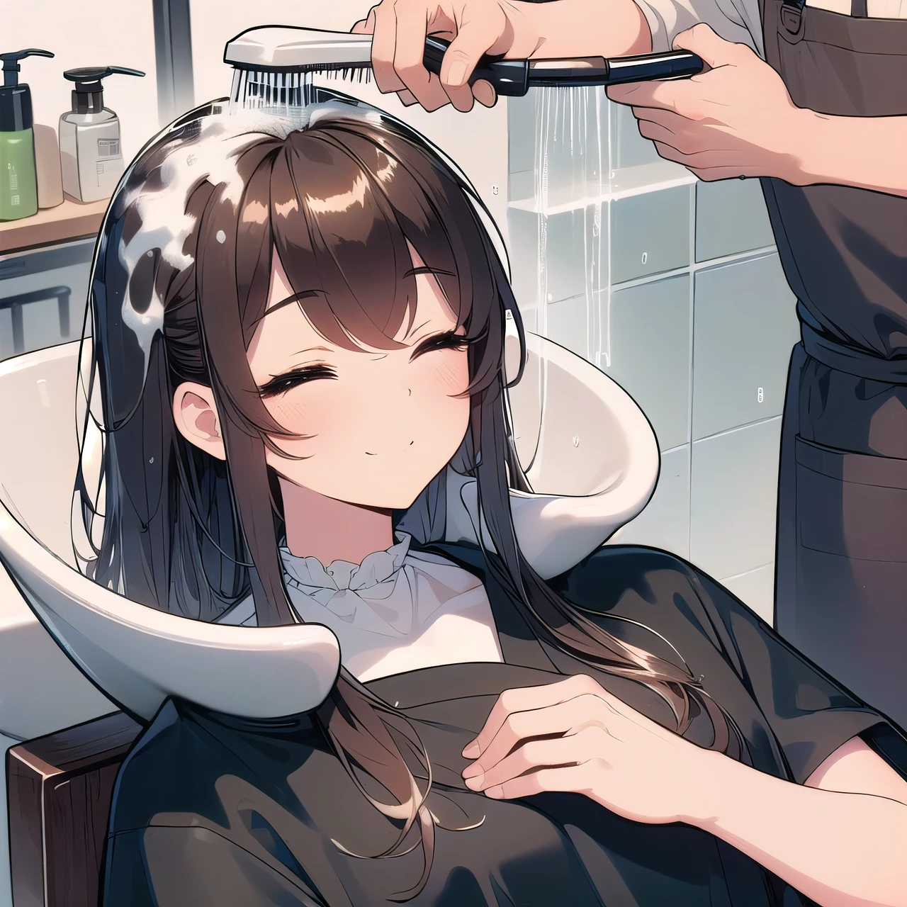 (((masterpiece))), (((highest quality))), (((Beauty Salon))), (((Strong Boy))),((Lying on a ceramic sink)), ((Lather into hair)), ((A hair stylist in an apron stands behind the girl)), shower head, (((Lather into hair))), shampoo, Transparent Concealment, close your eyes,  smile, Wet Hair, Brown wavy hair, ribbon, High neck, big ,  Character Ratio, 