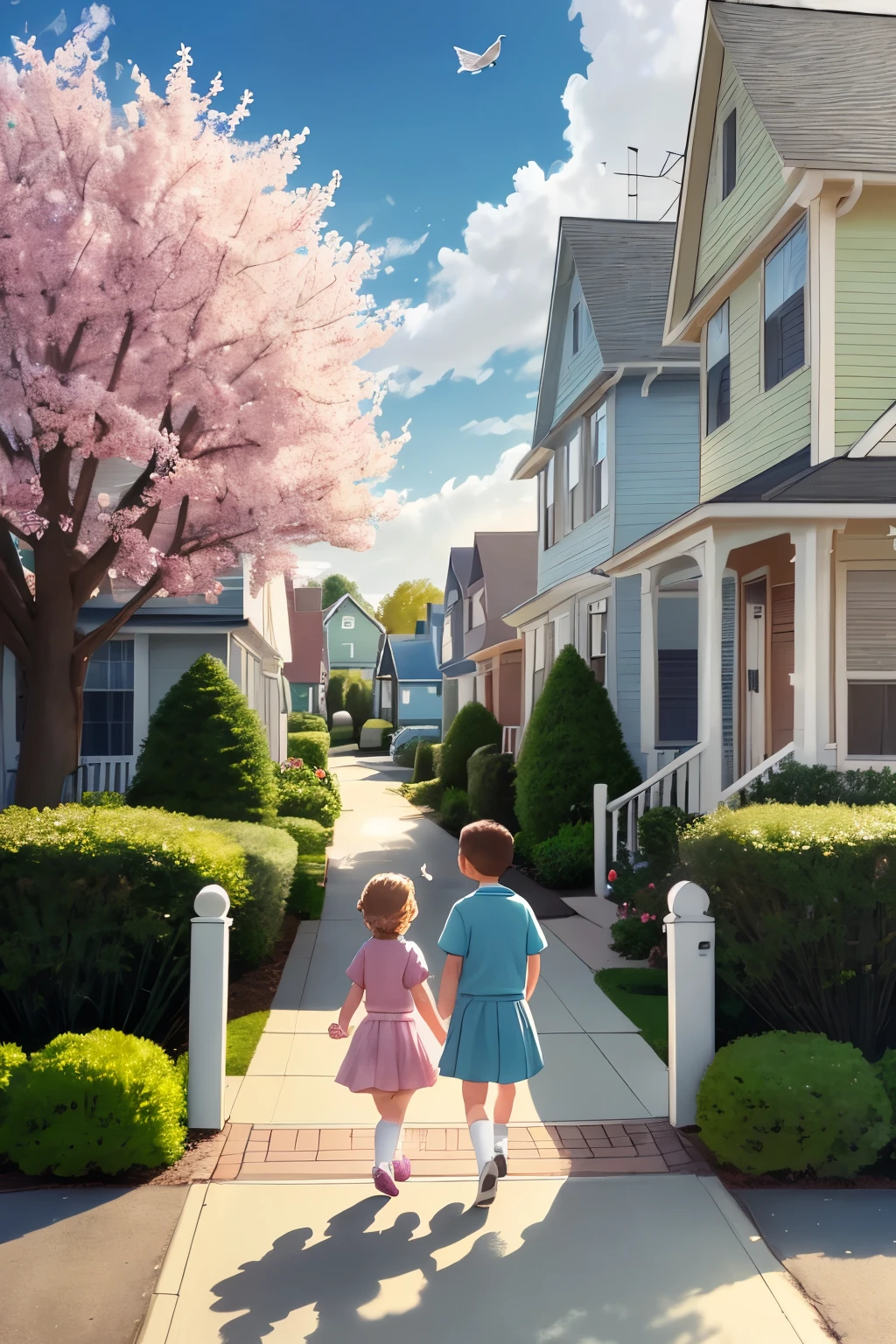 In a quaint suburban neighborhood, pastel-colored houses with white picket fences line the streets. The air is filled with the scent of freshly baked cookies, and children can be heard laughing and playing in the background. The scene is reminiscent of a Disney movie, with colorful flowers blooming in well-tended gardens, and birds singing in the trees. Every detail exudes a sense of charm and happiness, making it the perfect place to call home.