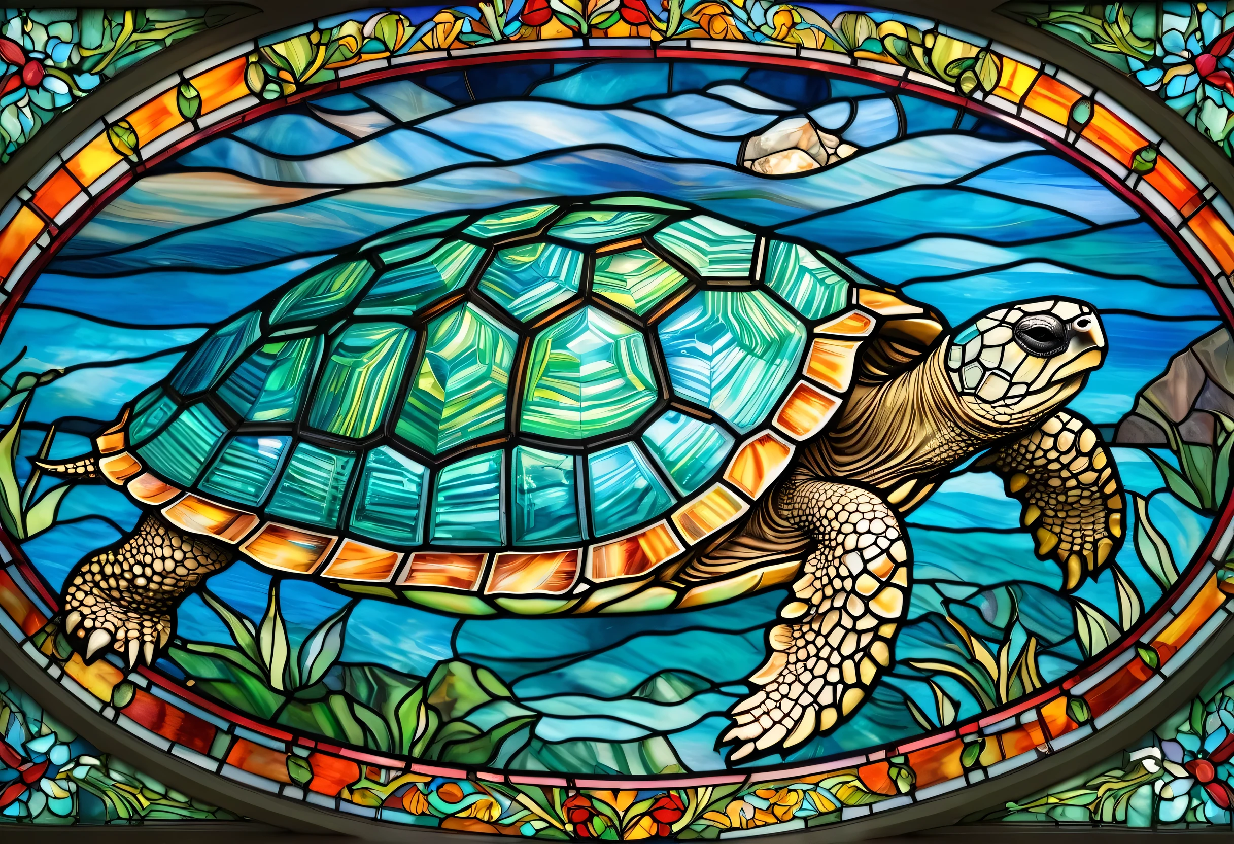 a close up of a painting of a tortoise in a stained glass window, Detailed painting by Meredith Dillman, Shutterstock, Psychedelic Art, Stained Glass Art, Highly detailed and colorful, world-bearing tortoise, tortoise, Great Atouin, stained glass style, Colourful and detailed, Stained glass by Maxim Verekhin, Shining stained glass background Landscape