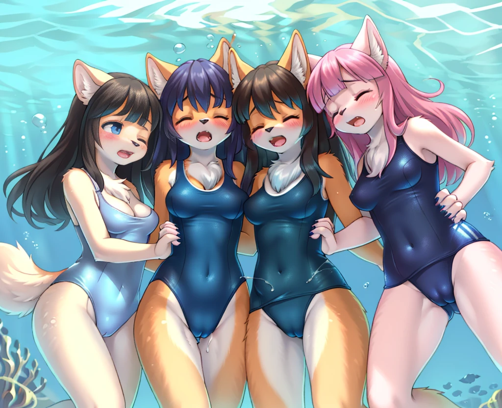 furry1.5, fur, tail, anthro female, female furry, detailed fur, best quality, HD, full body, cameltoe, 5girls, 5 girls in beach, multiple subjects, group, team, group holding hands, group shot, group one-piece swimsuit, blue one-piece swimsuit, old school swimsuit, tangling girls, furry, anthro, sexy breasts, breasts, medium breasts, lesbian, yuri, group, multiple girls, standing, long hair, bangs, orgasm, blush, open mouth, cowboy shot, group shot, girls together, 5 girls drowning, sexy, full body, underwater, ocean, dark light, underwater, orgasm, eyes closed, portrait, closed up, open mouth, underwater, ocean, dark light, underwater, drowning, panic, sad, blue cheek, girl, perfect breasts, underwater, ocean, dark light, underwater, ((detailed fur)), ((detailed shading)), ((beautiful render art)), sexy, underwater, partially underwater shot, lying, on back, scream, peril, arms behind back, 20girls eyes closed, 