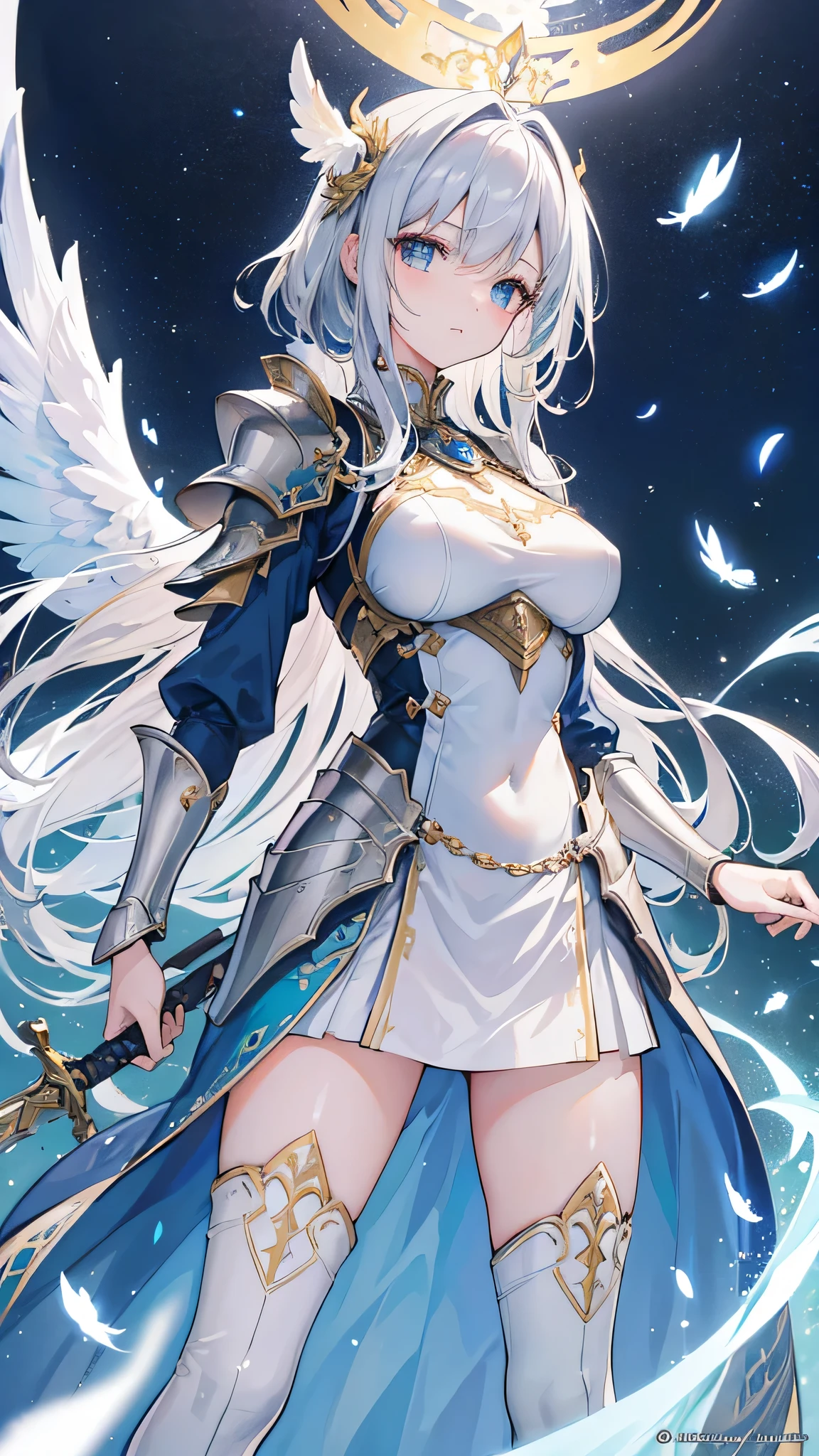 Create a visually stunning 8k resolution anime illustration, a true masterpiece of artistry, portraying a beautiful, silver-haired knight with ethereal, angel-like wings. Her armor is a masterwork of high fantasy design, light as a feather yet unyielding, crafted with luminescent materials that catch the light of the ethereal realm. In her hand is a longsword, each etching on its blade shimmering with an inner light that speaks of ancient enchantments.
She is depicted aloft in the sky, with the grandeur of the celestial castle behind her, nestled among the clouds that crown the heavens. Her face reflects the refined beauty of a guardian seraph, her eyes glowing with a determination that belies her youthful appearance, and her expression serene yet resolute in her sacred duty.
Attention to the finest details—the delicate structure of her wings, the intricate patterns on her armor, and the subtle play of light on her sword—elevates the quality of her portrayal, capturing her as the epitome of an angelic warrior, whose duty to protect the sanctity of the heavens is as unwavering as her stunning beauty. This illustration should not only highlight her as a figure of noble strength but also as a beacon of grace and allure in the world of high fantasy anime.