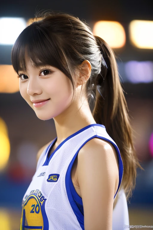 Superb Quality, Masterpiece, High Resolution, 1Girl, Blush, (Seductive Smile: 0.8), Star Pupil, brown eye, normal , perfect body shape ratio, bare face, body goals girl, ideal girl, perfect girl, she's my girlfriend、full body Esbian、perfect anatomy, detailed anatomy, A dark-haired, cute bangs, long straight dark hair, sweet smile, stunning face, good girl, idol, key of visual, gorgeous face, perfect anatomy, detailed anatomy, wearing golden state warriors jersey, perfect jersey, detailed jersey, ponytail, beautiful ponytail, perfect ponytail, detailed ponytail, front view, full body looks, perfect camera, HD quality, high picture quality、celestial palace background, 8K UHD, DSLR, Soft Light, High Quality, Volume Lighting, HDR on, High Resolution, 4K, 8K, Background Bokeh