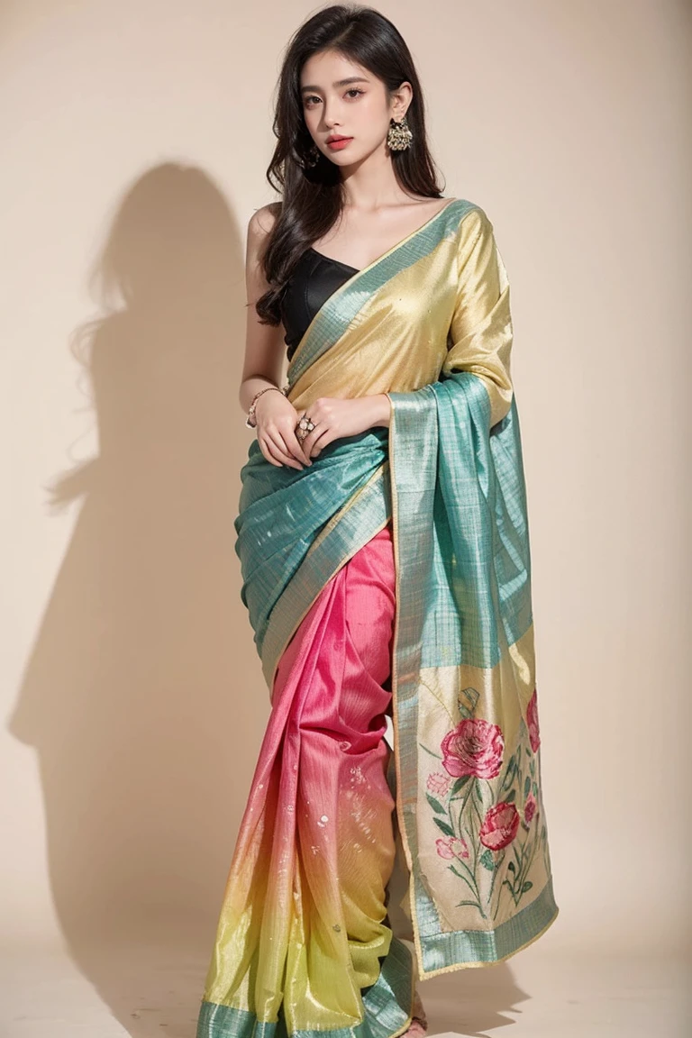 a woman in a colorful sari standing against a white background, with colourful intricate, neon yellow madhubani, neon madhubani, vibrant feel, dressed in colorful silk, colourful, bold and colourful, yummy, trending ,, vibrant and dynamic, sari, full length view, beautifully, multi colour, vibrant setting, vibrant and powerful, beautiful, very beautiful enga style, beautiful look. Yellow, onion pink, magenta and teal printed silk black embroidery. Comes with matching unstitched blouse piece attached at the end of saree. Blouse shown in the photo is a styling suggestion, it is not a part of the actual product.