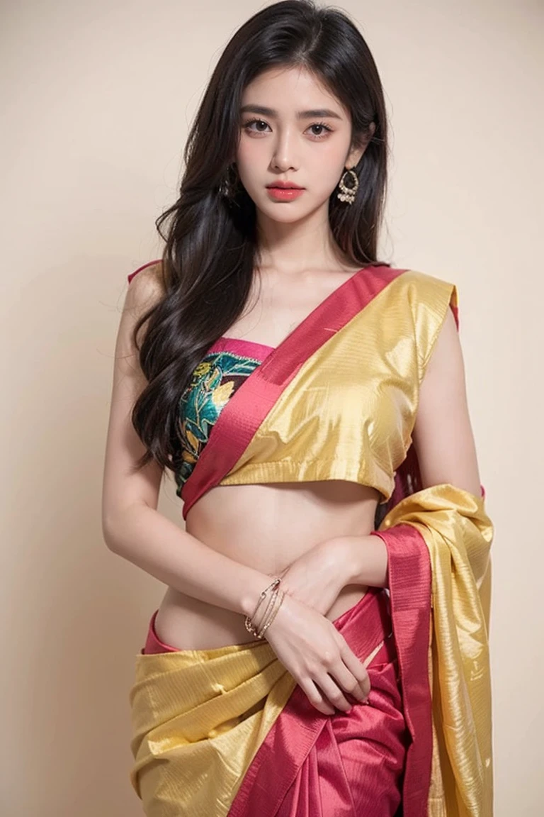 a woman in a colorful sari standing against a white background, with colourful intricate, neon yellow madhubani, neon madhubani, vibrant feel, dressed in colorful silk, colourful, bold and colourful, yummy, trending ,, vibrant and dynamic, sari, full length view, beautifully, multi colour, vibrant setting, vibrant and powerful, beautiful, very beautiful enga style, beautiful look. Yellow, onion pink, magenta and teal printed silk black embroidery. Comes with matching unstitched blouse piece attached at the end of saree. Blouse shown in the photo is a styling suggestion, it is not a part of the actual product.