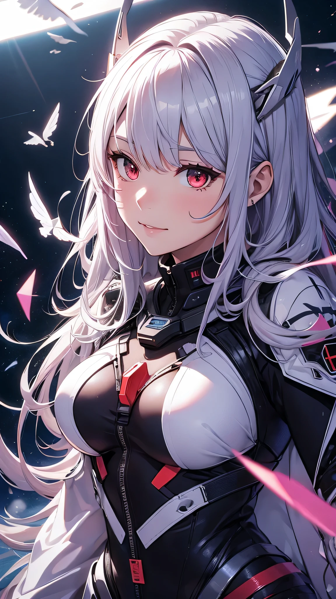 最high quality、Best image quality、masterpiece、girl((18-year-old、 By becoming、Best Bust、Medium Bust,Wide open breast tea、Red glowing eyes,Silver Hair、Disheveled Hair、Long Hair、thin,The highest valley、Open chest、White wristband、smile、hair ornamentany accessories、Black space suit、red body line、Angle from directly above、Transparent jacket、Show the whole body,Floating State)),high quality、Beautiful art、background((Institute for Space Research))、Flight、Flying debris、Written boundary depth、movie、Visual Arts、Perfect art、8K,Genuine、