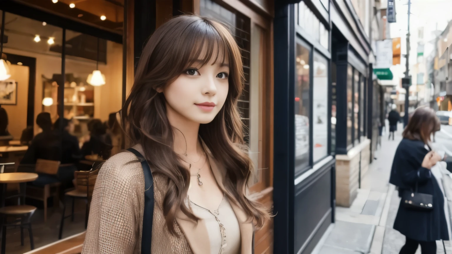 super high quality, Fashion Model, Slender, (8k、RAW Photos、highest quality、masterpiece:1.2), Japanese Idol, Serious expression, brown hair, Stylish café, Fashion magazine shooting, The cafe is crowded with people enjoying themselves., (Realistic、Photorealistic:1.37), Beautiful Face , bob hair, Mesh Hair, Normal chest, Urban Cafe, A gentle gaze, Spring Clothes, curly hair, Beautiful hairstyle, Neat clothes, 
