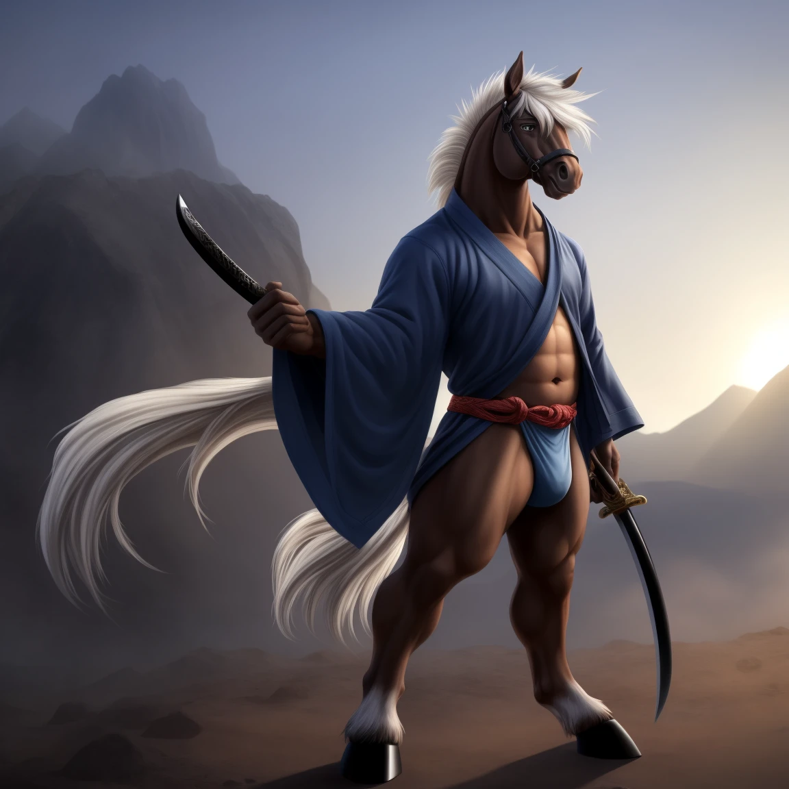 Furry, Antro, Agresivo, [Horse color Negrol] , Half side pose , [Fundoshi Blanco Bulto Male Big], [(Fundoshi Blanco) ajustado], Solo, Clothes kimono Japones Masculino, Hatamoto, [Bulto Male Big], Bigg Balls, Hooves , (Tail Horse equine), Detallado 4k, cuerpo completo, cuerpo furry Black dark, Fonde de Desierto con Eclipse solar Total, Eyes Pupil Marron, Alta resolucion, silver Hair, Espada Katana Japonesa, Clothes China, Ropa Tradicional, cinturon de Cuerda Blanca