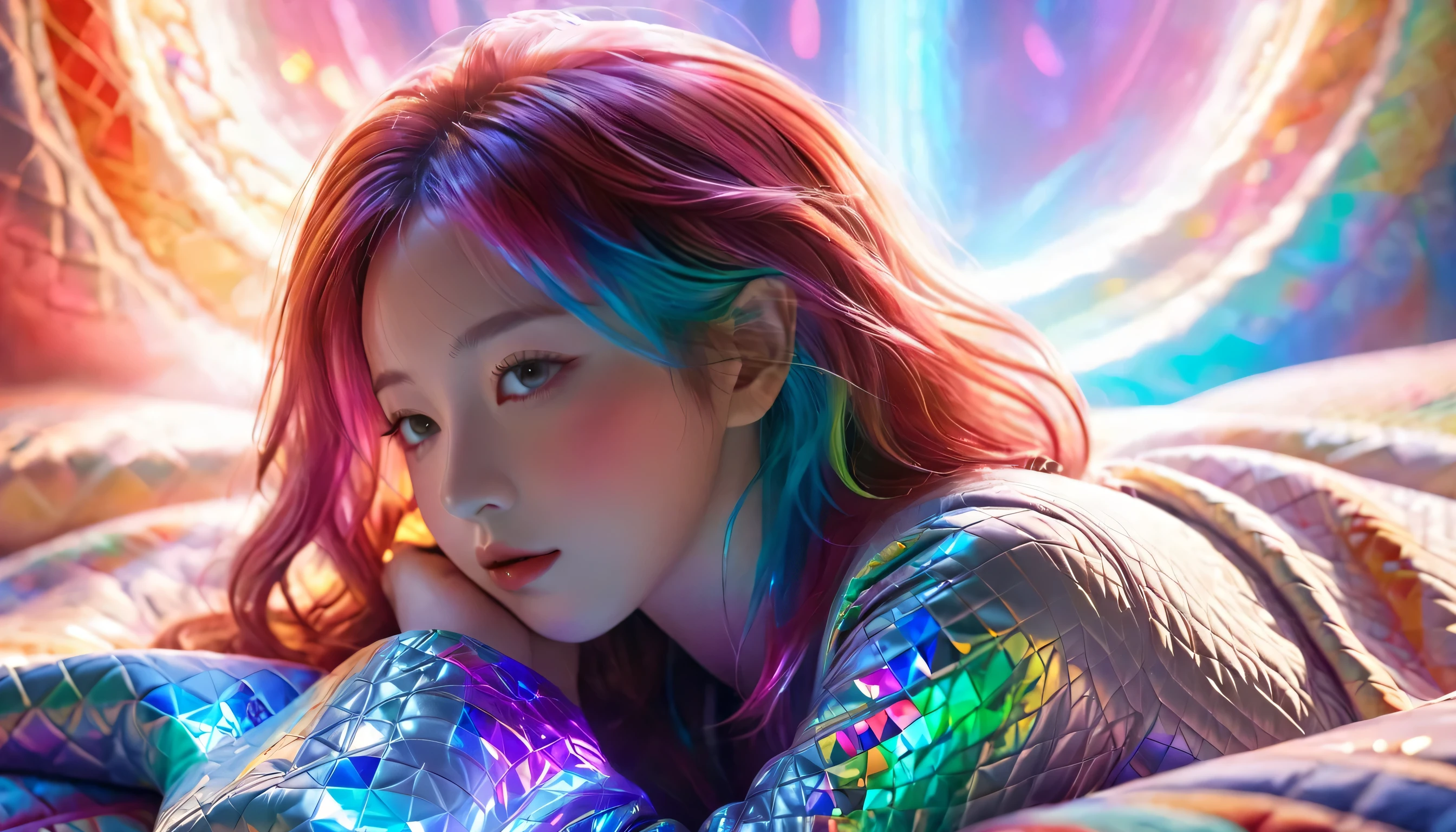 {{masterpiece}}, best quality, Extremely detailed CG unified 8k wallpaper, Movie Lighting,, A woman lying on the floor,Leaning against the pillow,Expose sexy thighs,The body is covered with a quilt,Sleep with eyes closed,Huge window behind, A quiet night. , multi color hair, (Colorful hair:1.5),