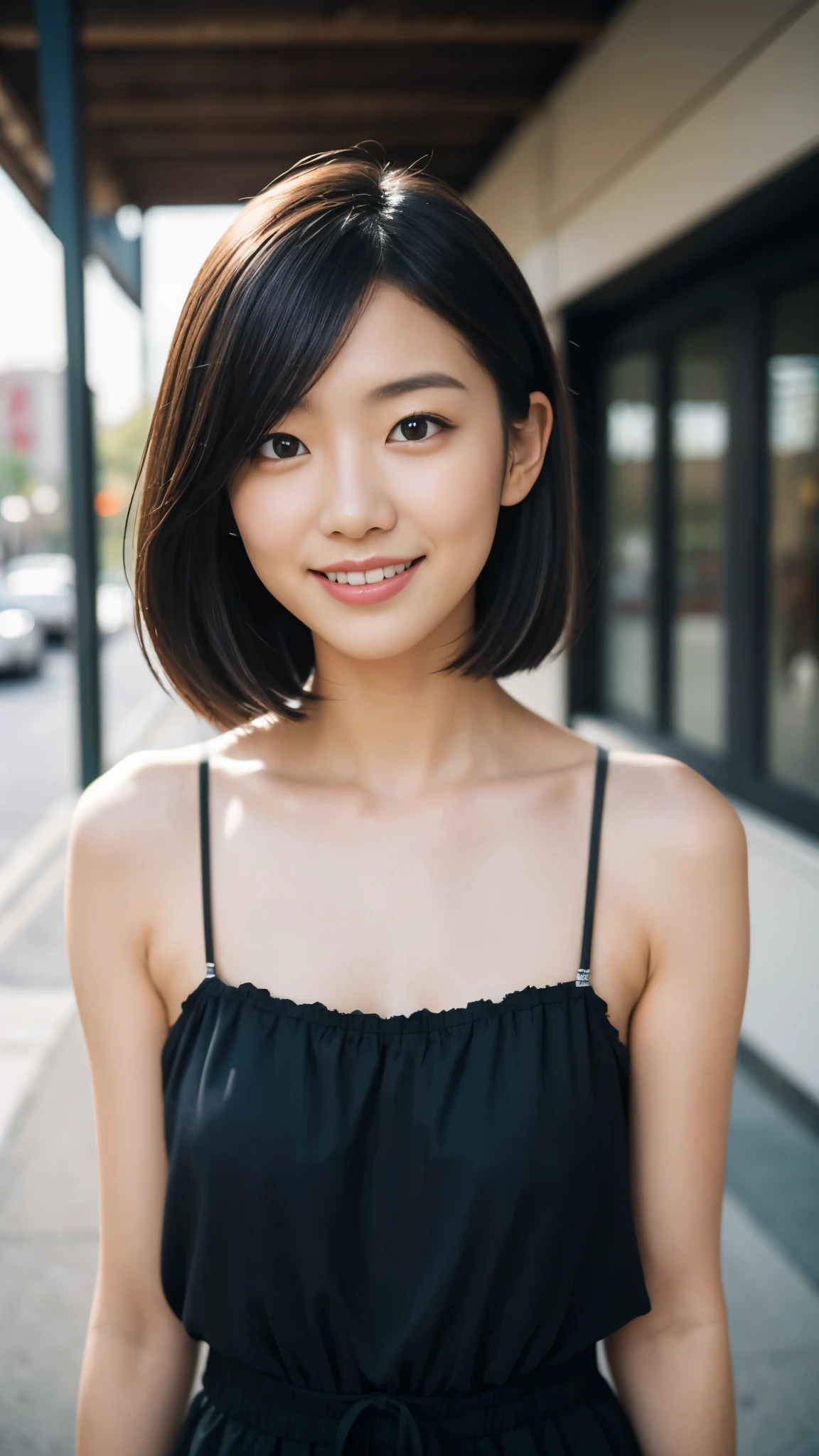 japanese woman, portrait, upper body, light smile, medium hair, nude, warm tones, urban backdrop, industrial buildings, photography, simplicity, high resolution, natural makeup, young adult, Fujifilm XT3, Canon R5, Fujicolor Fujichrome Velvia 100,smile,Short Hair、Upper body photo、