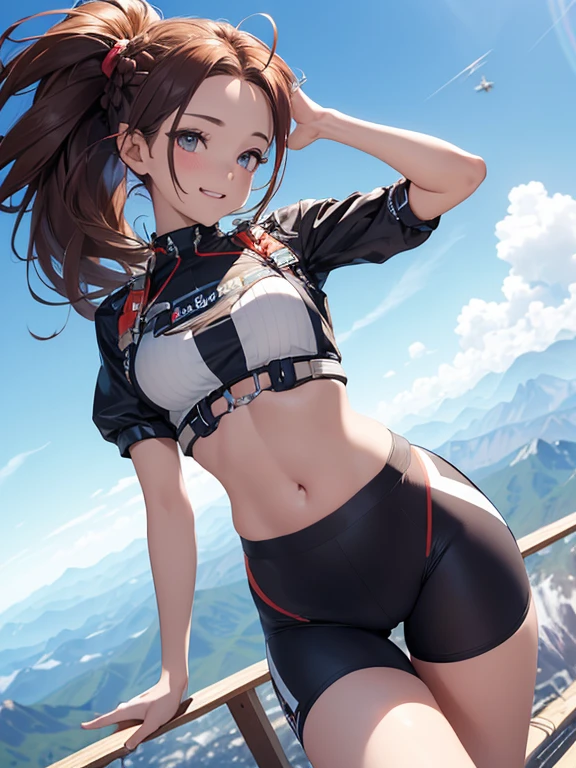 {(masterpiece,best quality, 8K UHD, extremely detailed CG, detailed beautiful face and eyes and skin and hair)}, {(ultra realistic photo graphic:1.4)}, {(Free fall from Altitude 10000m:1.4), (out of focus background:1.4)}, {1woman, medium hair, Ponytail hair with braids, medium breasts, forehead}, {(strike_witches:1.4), (white small_lace_panties:1.1), (military shoes:1.1)}, {(spread　thighs), (throw one's legs out)}, {(cheerful:1.4), (candid shot), (hair stands on end in the wind)}