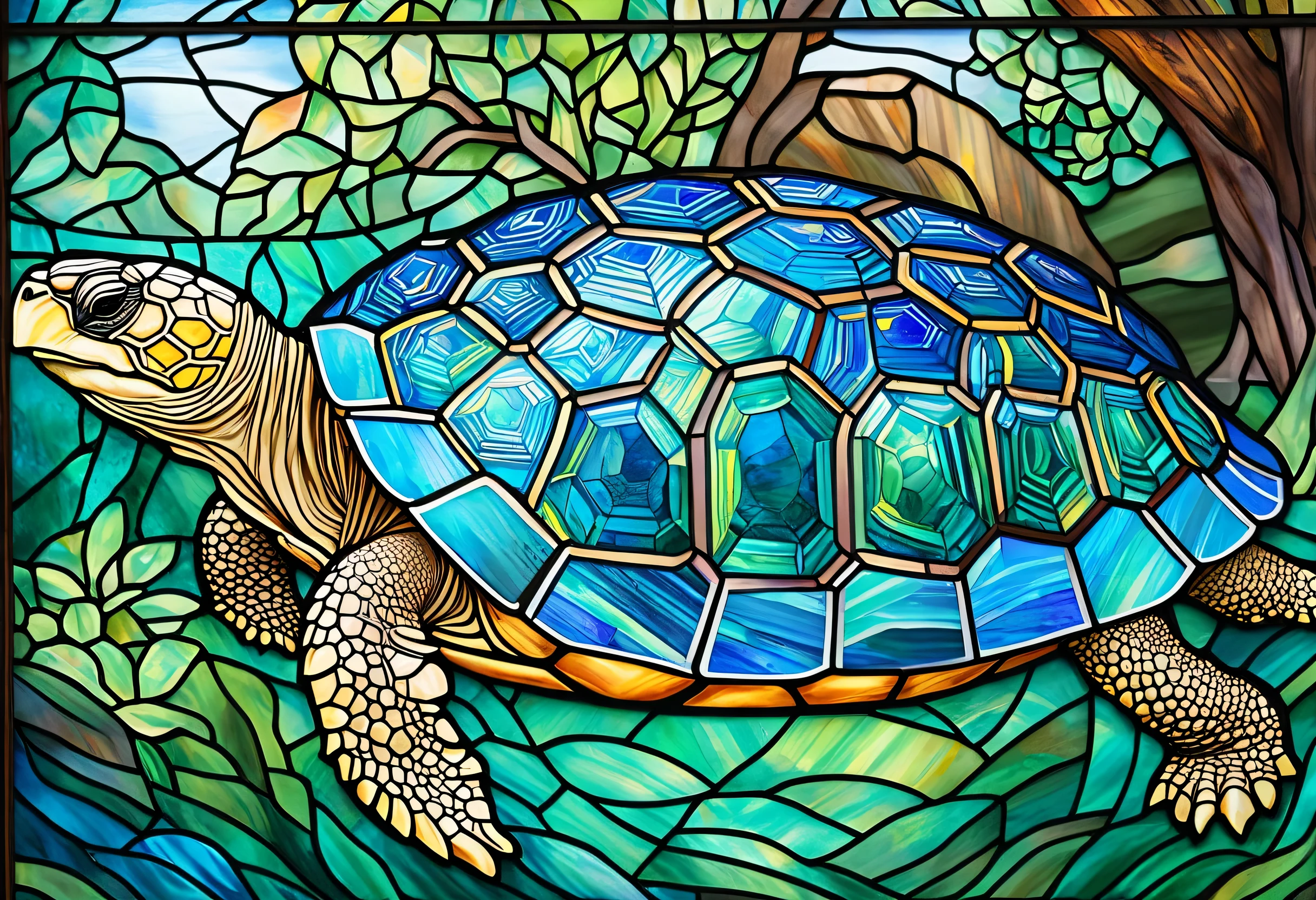 a close up of a painting of a tortoise in a stained glass window, Detailed painting by Meredith Dillman, Shutterstock, Psychedelic Art, Stained Glass Art, Highly detailed and colorful, world-bearing tortoise, tortoise, Great Atouin, stained glass style, Colourful and detailed, Stained glass by Maxim Verekhin, Shining stained glass background Landscape