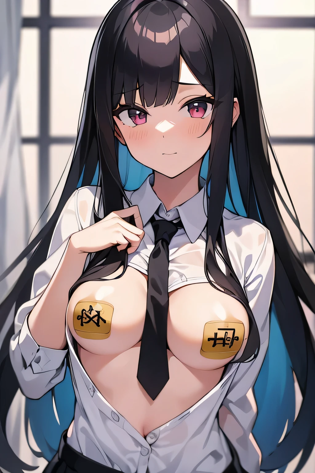 masterpiece, high quality,1girl,black long hair,White semi-transparent shirt, (bandaids_on_nipples, areola_slip, bandaid),small breasts,upper body