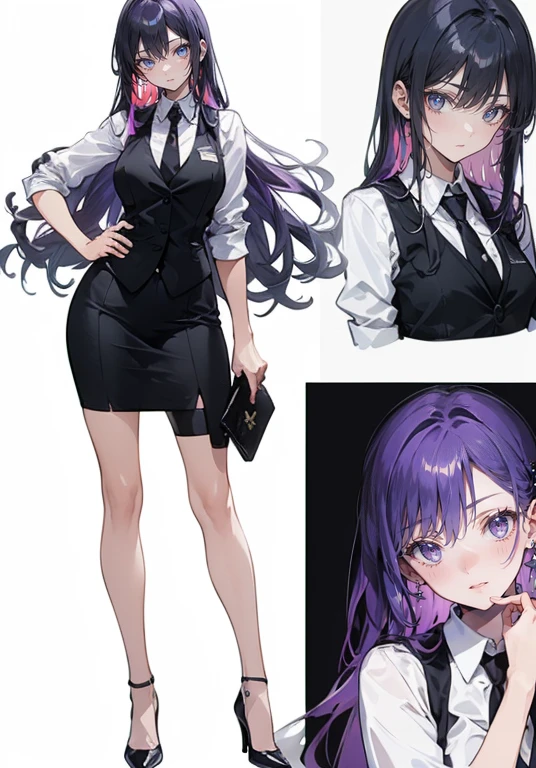 ((Perfect Face)),((smile)),Purple Hair,voluminous long hair,1 female,bartender,suit,Black vest,Shirt with rolled up sleeves,tie,slit,High heels,,((Simple Background)),smile,((whole body)),((whole body)),Portraiture,virtual,upright,,Both arms are down,Standing upright with face and body facing forward,