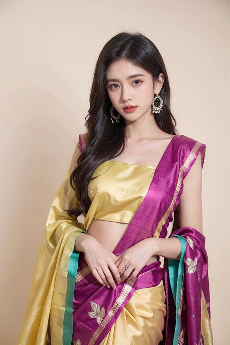 a woman in a colorful sari standing against a white background, with colourful intricate, neon yellow madhubani, neon madhubani, vibrant feel, dressed in colorful silk, colourful, bold and colourful, yummy, trending ，, vibrant and dynamic, sari, full length view, beautifully, multi colour, vibrant setting, vibrant and powerful, beautiful, very beautiful enga style, beautiful look. Yellow, onion pink, magenta and teal printed silk black embroidery. Comes with matching unstitched blouse piece attached at the end of saree. Blouse shown in the photo is a styling suggestion, it is not a part of the actual product.