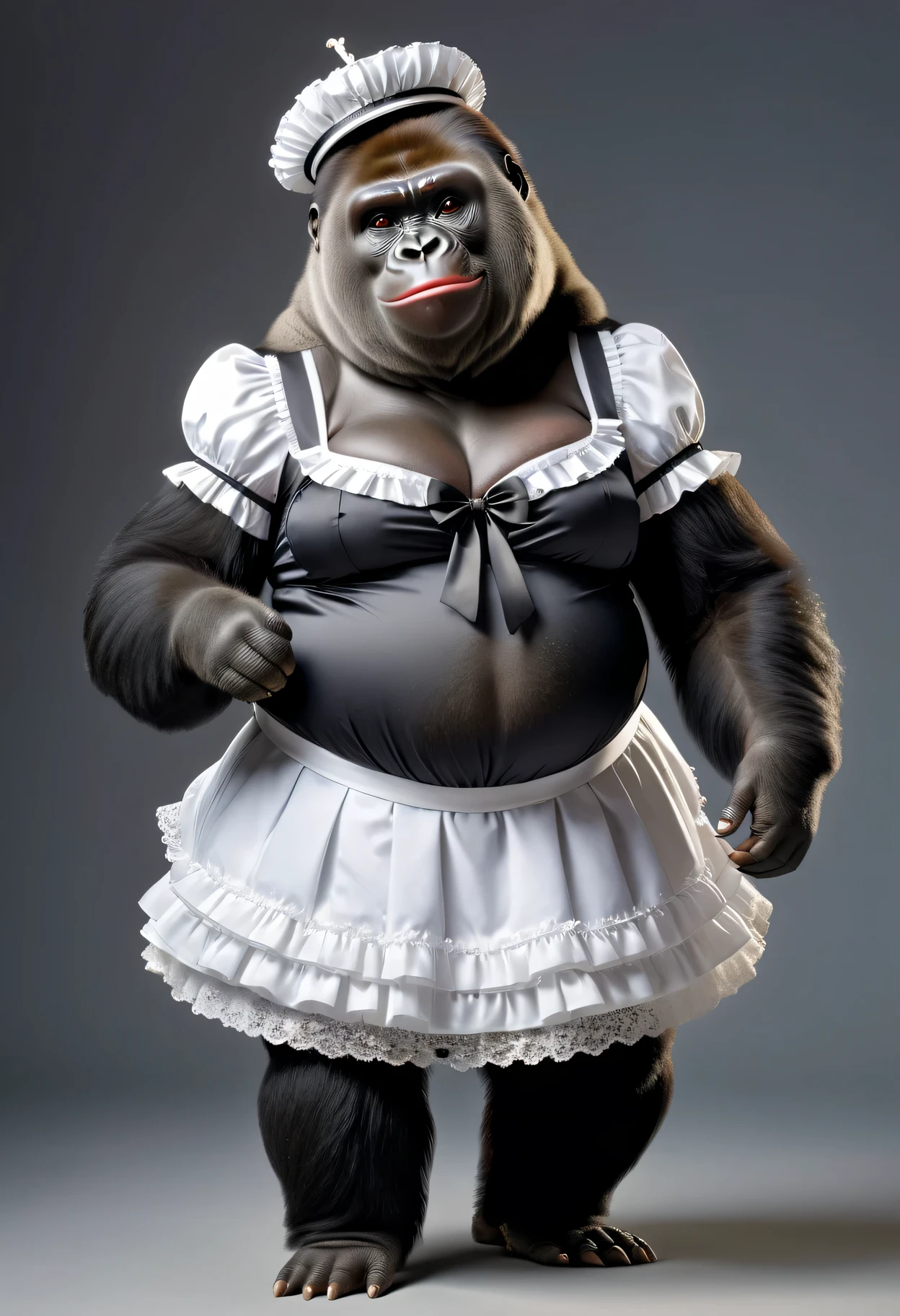 photorealistic portrait of Dressed animals - a ((fat)) cute gorilla maid,(elegant pose:1.5),(hands on hips:1.2), high quality,(lovely) ,intricate details, highly detailed ((maid clothes with frills and ribbon)) , wearing white brim, (happy), studio lighting,(full body image2.0)
