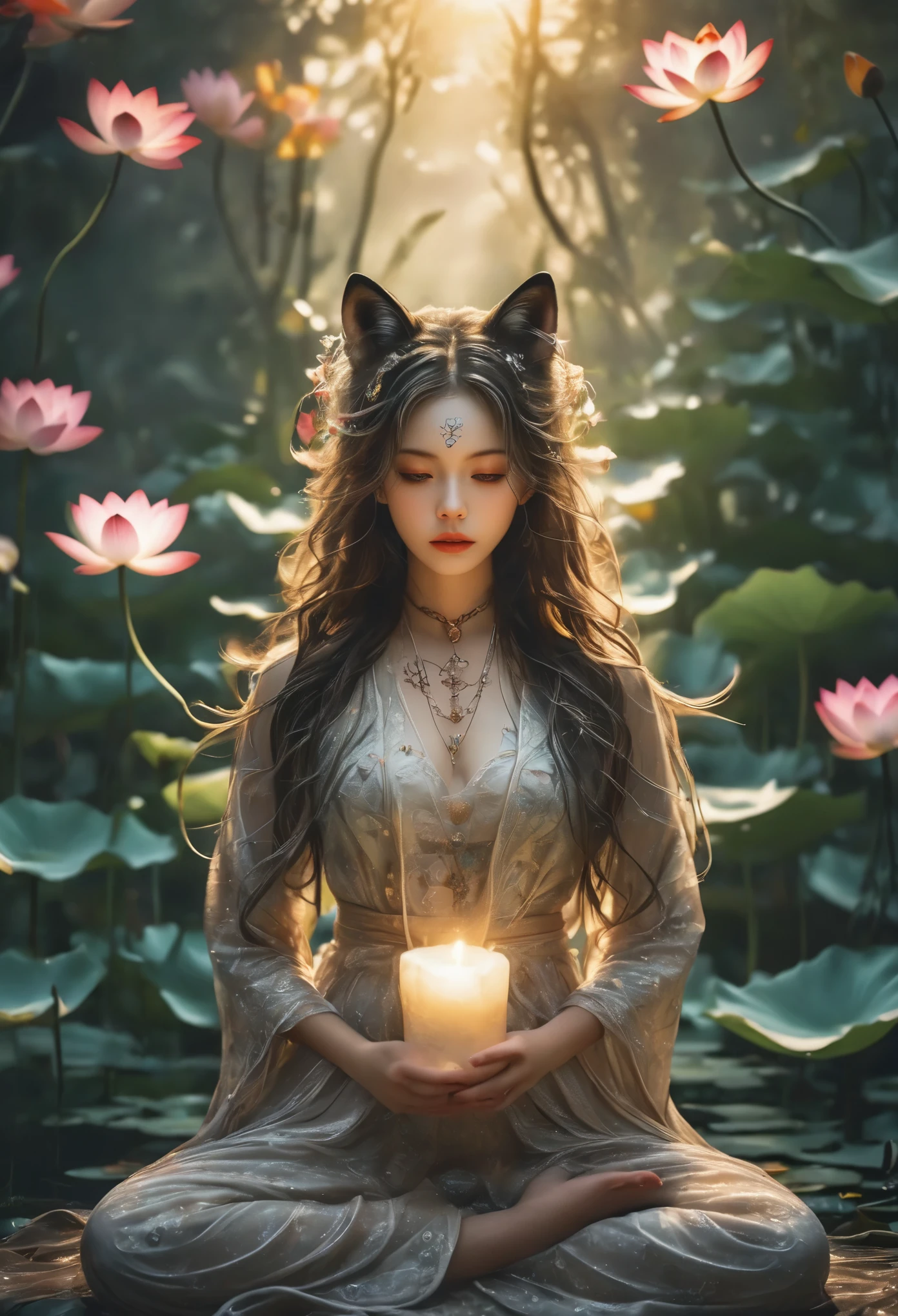 Full body photography of girl in lotus pose，Raw, movie shot, (Sharp focus:1.5), (Reality:1.4), Dusk lighting, Volumetric Lighting, Ultra-high resolution,Dramatic Lighting, White background,（Zentangle，Mandala，Tangle，Entanglement), Fox Demon，Fox Mask，Short coat, Foxfire Curse, fox family, Transformation, Depth of Field, dreamy atmosphere, Chaos in its most beautiful form, grace, Brutalist design dark theme, Flower of Death, Flowers of ecstasy，Glowing Line,Glow Example，Tracking example，flash， Backlight，translucent，Light Particles