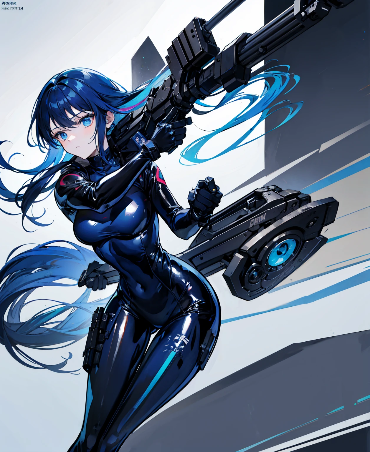 There is no background,girl,Carry a firearm,Patent leather tight suit,Use of firearms,Navy blue long hair,attention arousal,Blue colored eyes,No gradients