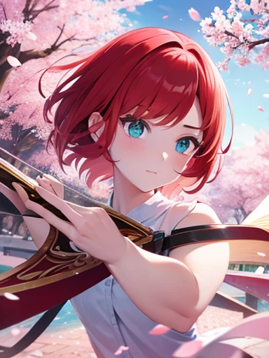 girl，Redhead，short hair，Second dimension beautiful girl，I have a bowgun，Cherry blossom petals are falling