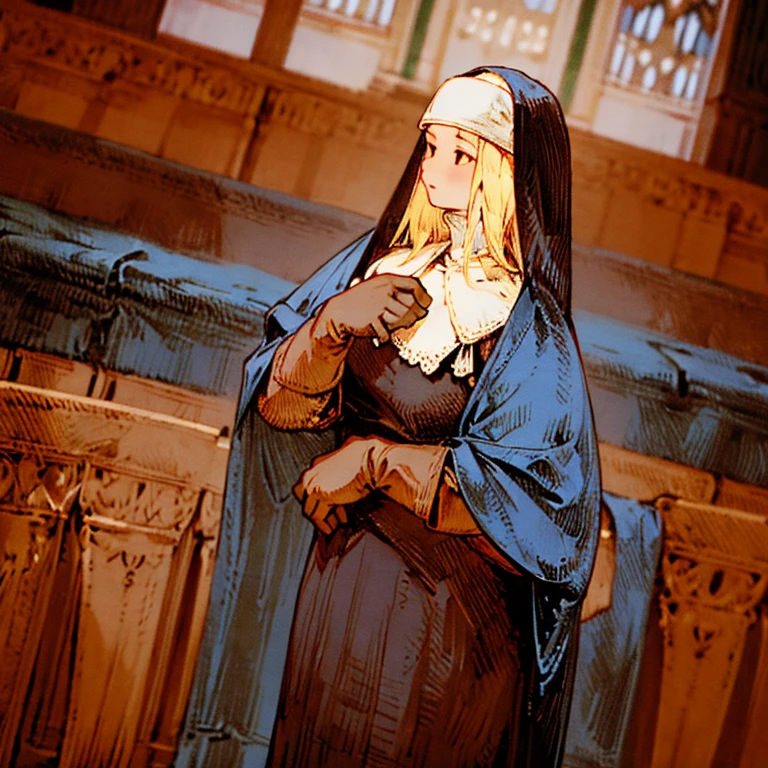 (masterpiece:1.2, Best quality, absurdity, realistic, detailed face, focus on chest), 1 girl, a nun, church, alternative hairstyle, blushed, detailed background, I look at the viewer, glasses, front, plump, Torn dress, gloves, chubby