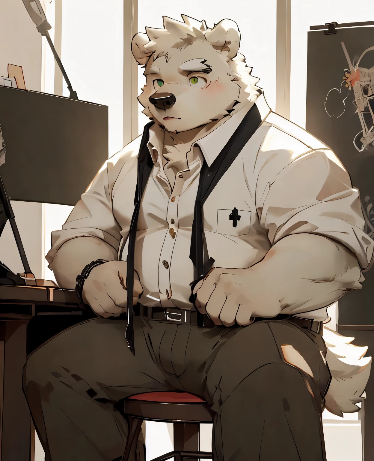 (anatomically correct), human nature，best quality,((polar bear|Pure white bear | Green Eyes)),(polar bear:1.2) ,from behind,perfect,Wide-Angle Dark Eyes,fat,Shota,Lovely,young,Blushing,Paintbrush in hand,(Sitting on a stool and drawing),male, Solitary,In the studio,Drawing seriously,((no decorations，unbuttoned shirt，Black school uniform pants),In the studio,完美的Green Eyes,bear tail ,Not NSFW,By Bei Bei Bei Bei, by zackary911