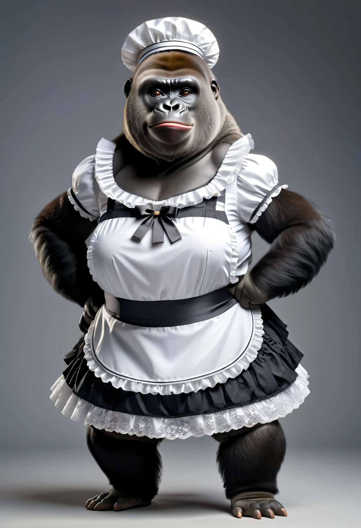 photorealistic portrait of Dressed animals - a ((fat))gorilla maid,(elegant pose:1.5),(hands on hips:1.2), high quality,(lovely) ,intricate details, highly detailed ((cute maid clothes with frills and ribbon)) , wearing white brim, (happy), studio lighting,(full body image2.0)