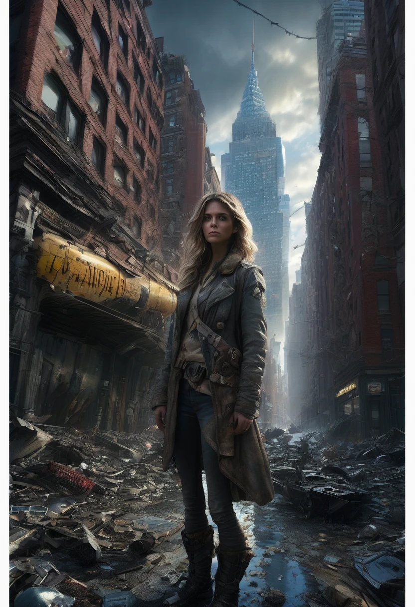 1girl, Post-Apocalyptic Wasteland, Apocalyptic destroyed Manhattan Island and New York, after a tidal wave, Epic cinematic brilliant stunning intricate meticulously detailed dramatic atmospheric maximalist digital matte painting, horror Gustave Doré Greg Rutkowski