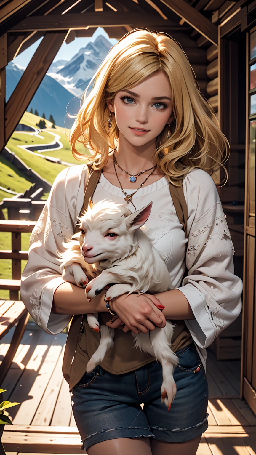((最high quality, 8K, masterpiece: 1.3, Ultra HD, high quality, 最high quality, High resolution, realism)) 、A 22-year-old extremely beautiful white woman、Hair color blonde、blue eyeedium Hair、Straight Hair、smile、Slim but well-proportioned body、Background blur((depth of field))、Aerial perspective((atmospheric perspective))、I want my head to stay off screen、Put an anklet on your ankle、Wearing red nail polish、I have a peticure、Heidi, the girl of the Alps、Grassland in the Alps、I'm in a log house、The Alps can be seen in the distance、Holding a baby goat
