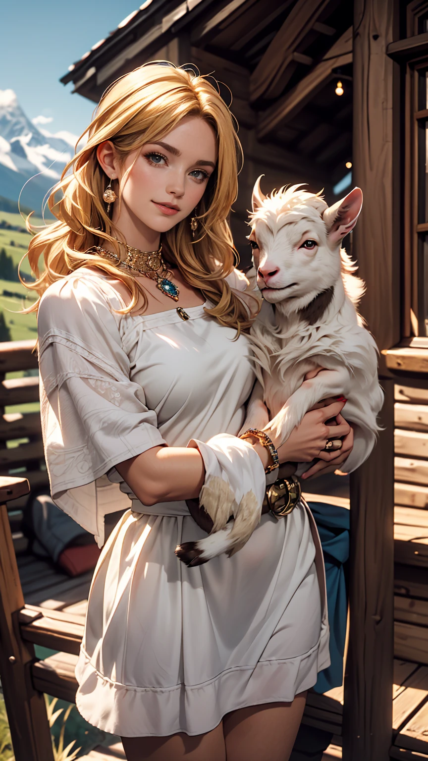 ((最high quality, 8K, masterpiece: 1.3, Ultra HD, high quality, 最high quality, High resolution, realism)) 、A 22-year-old extremely beautiful white woman、Hair color blonde、blue eyeedium Hair、Straight Hair、smile、Slim but well-proportioned body、Background blur((depth of field))、Aerial perspective((atmospheric perspective))、I want my head to stay off screen、Put an anklet on your ankle、Wearing red nail polish、I have a peticure、Heidi, the girl of the Alps、Grassland in the Alps、I&#39;m in a log house、The Alps can be seen in the distance、Holding a baby goat