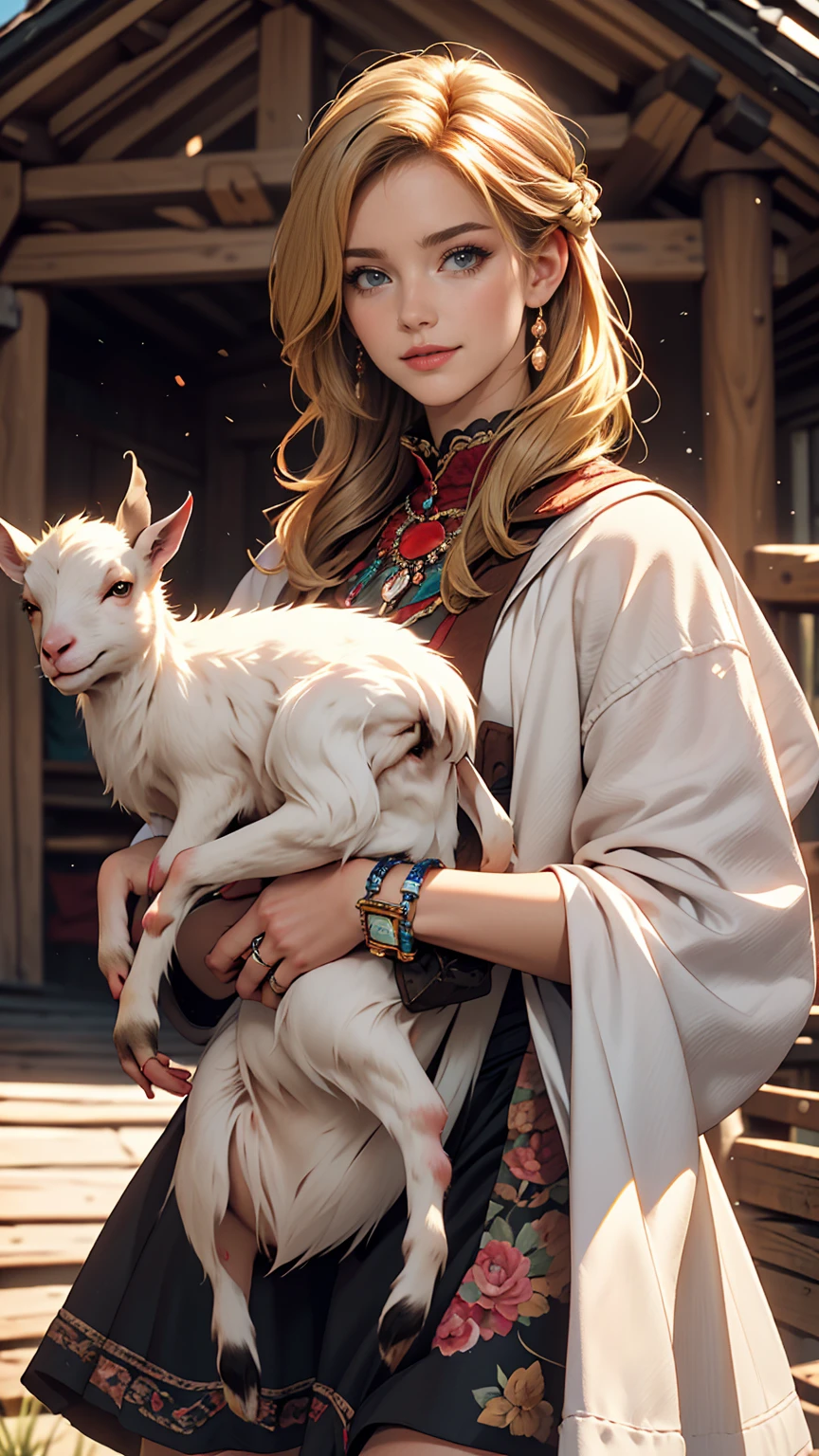 ((最high quality, 8K, masterpiece: 1.3, Ultra HD, high quality, 最high quality, High resolution, realism)) 、A 22-year-old extremely beautiful white woman、Hair color blonde、blue eyeedium Hair、Straight Hair、smile、Slim but well-proportioned body、Background blur((depth of field))、Aerial perspective((atmospheric perspective))、I want my head to stay off screen、Put an anklet on your ankle、Wearing red nail polish、I have a peticure、Heidi, the girl of the Alps、Grassland in the Alps、I&#39;m in a log house、The Alps can be seen in the distance、Holding a baby goat