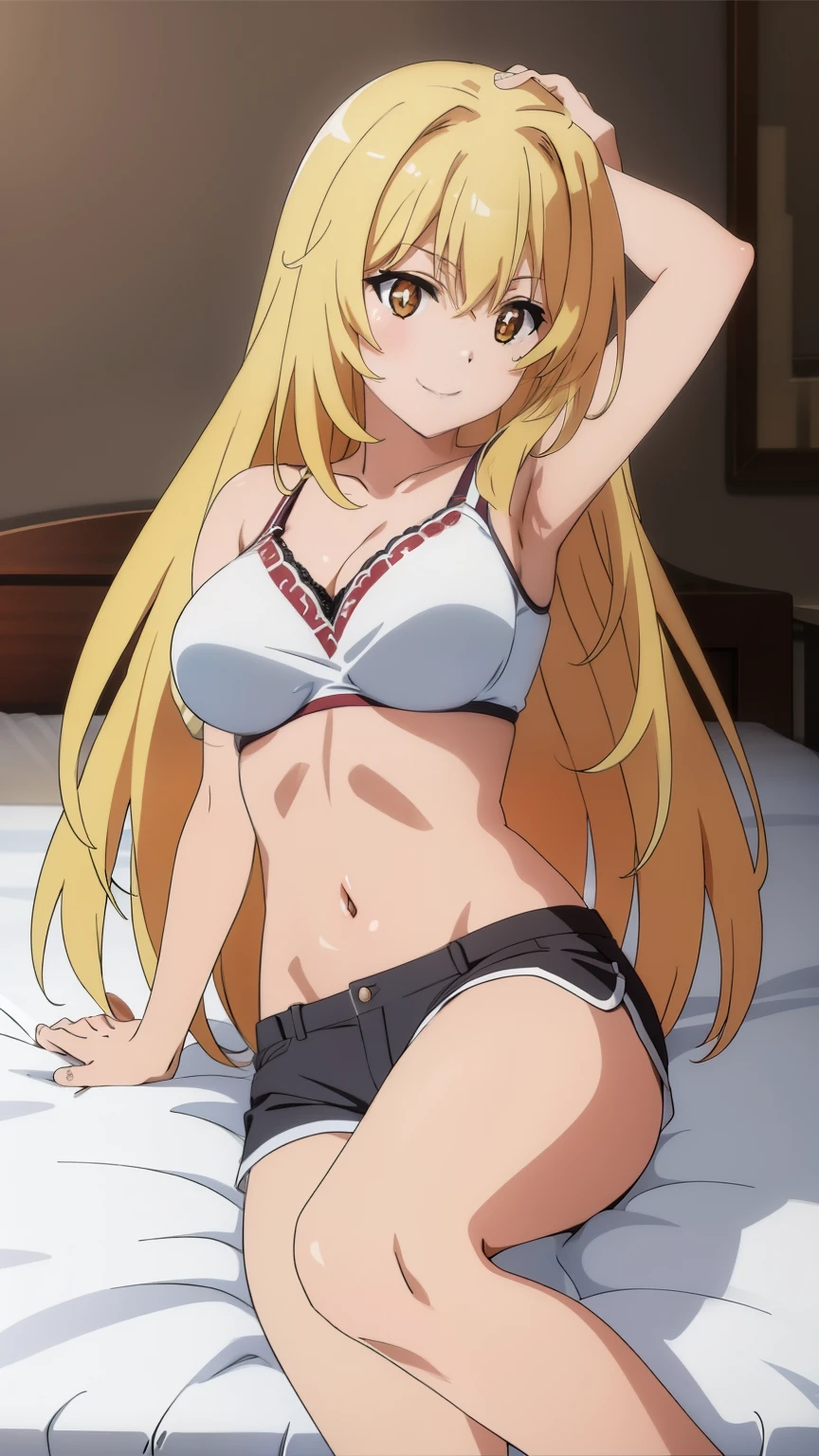 (Top Quality, High Resolution, 8k, Masterpiece: 1.2), Highly Detailed, Anime Art Style, Misaki Shokuhou, Smile, Blonde, Long Hair, Large Medium Breasts, (Black Underwear, Bared Shoulders, Shorts, Bed) , lying down , legs apart), looking at camera, stylish pose, stylish angle, staring camera focuses on the center of the image,