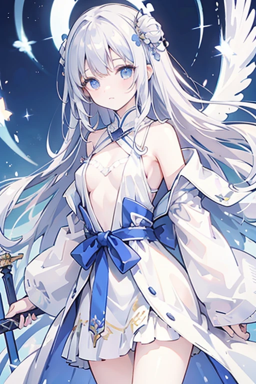 Beautiful Empress, Skin is crystal clear, beautiful appearance, Her eyes are full of wisdom, As if seeing through everything in the world, Wearing a gorgeous white robe, Holding a long sword, The robe flutters in the breeze，Silver hair flutters in the wind, The white robe perfectly outlines the graceful figure, Personable、Country style, Like a flawless fairy