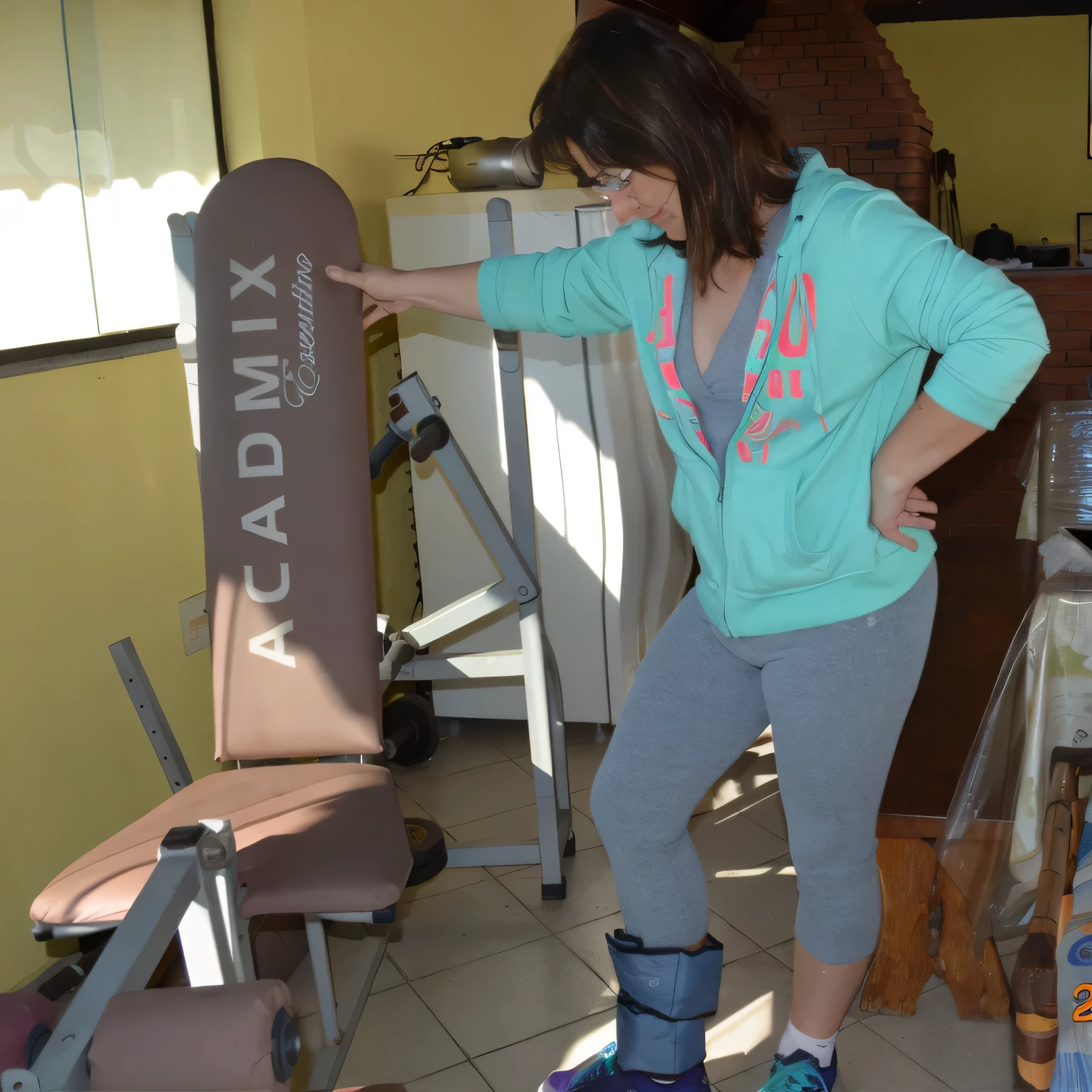 woman standing on a skateboard in a gym with a chair, adriana dxim, in a gym, academia, cottagecore!! fitness body, working out, sweat, by Amelia Peláez, by Keraca Visulčeva, karla ortiz, by Aleksander Gierymski, muscular!, sweating, caroline gariba, workout
