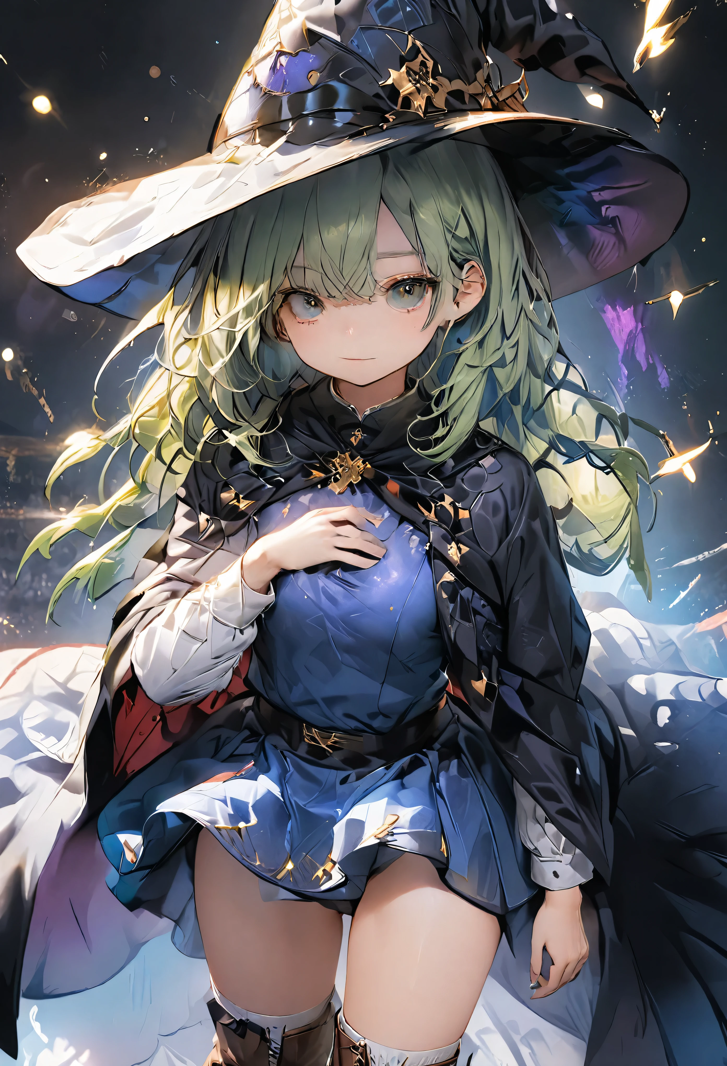 clothes that cover the body, blue uniform skirt that covers the thighs, discreet outfits, one character, blue T-shirts cover the body, green long hair, blue fantasy clothes with red trim, small breasts, magician, cloak, blue witch hat, brown leather boots, standing, minimalist outfit