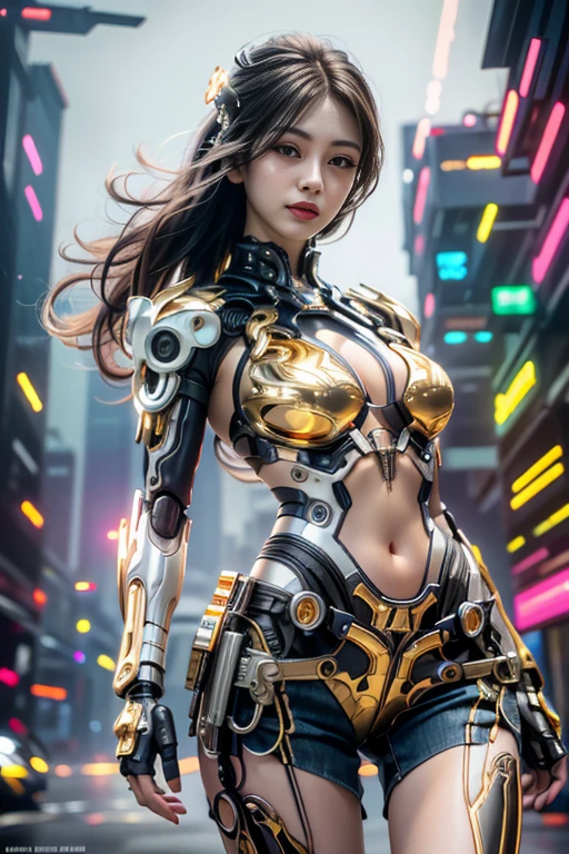 Virtual image,Realistic 8K images,hips up,Masterpiece,Complete Anatomy,Complete dynamic composition,morning sun,Light hits the front,young woman with long brown hair,staring at me.,A small but cute smile,The machine is connected to the machine...,Wear headphones with bright neon lights...,alone,,Has tattoos on his upper arms and stomach...,complicated details,strange details,future world,Above expectations,Cyberpunk ,Elegant cyberpunk,ลายไทย Thai motive,.,Hot cyberpunk,cybernetic robot((White-red-yellow-gold cyberpunk figure....)),Bikini body-,Jeans shorts,white tank top,The background of the large gears is deserted....