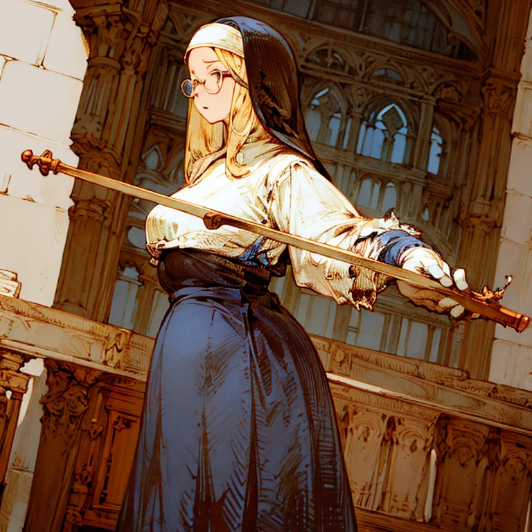 (masterpiece:1.2, Best quality, absurdity, realistic, detailed face), 1 girl, a nun, church, alternative hairstyle, detailed background, I look at the viewer, glasses, front, plump, Torn dress, gloves, chubby